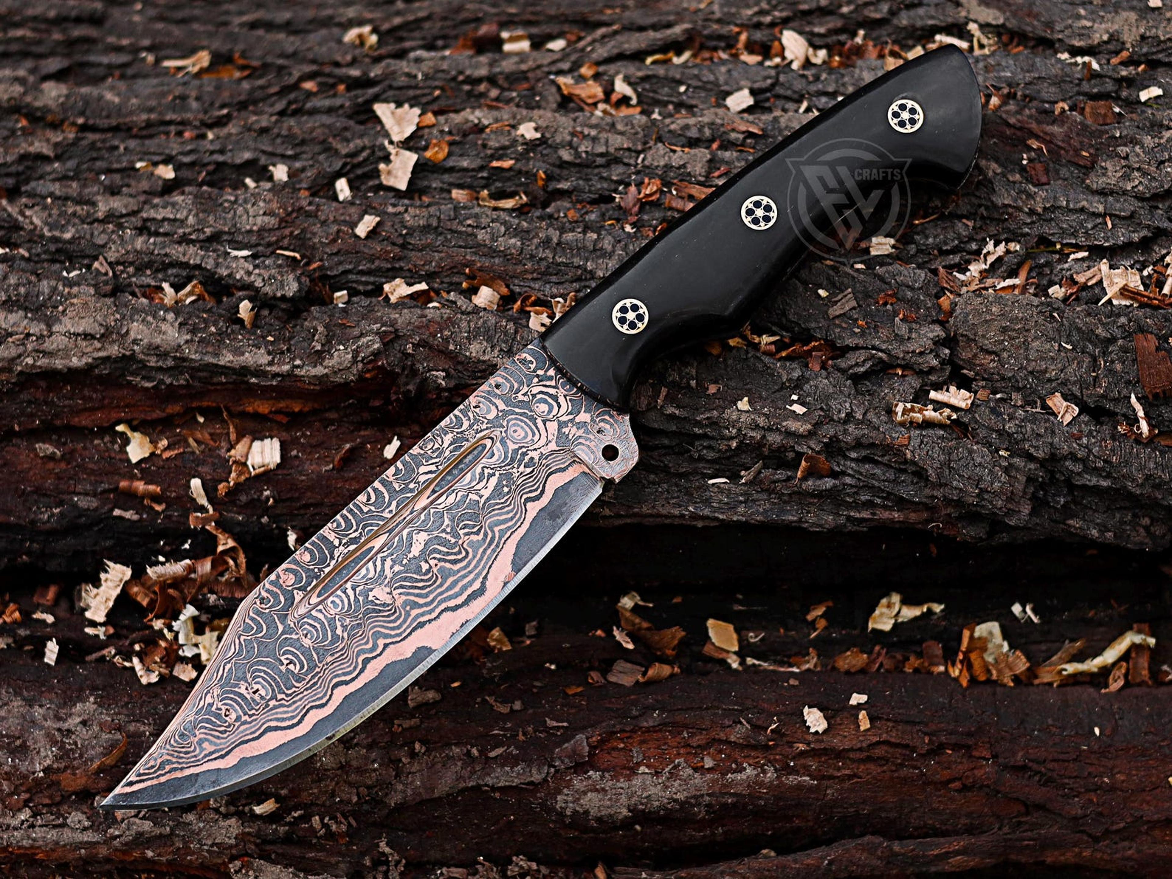 anniversary gift copper damascus skinner knife with black horn and rose wood handle for him