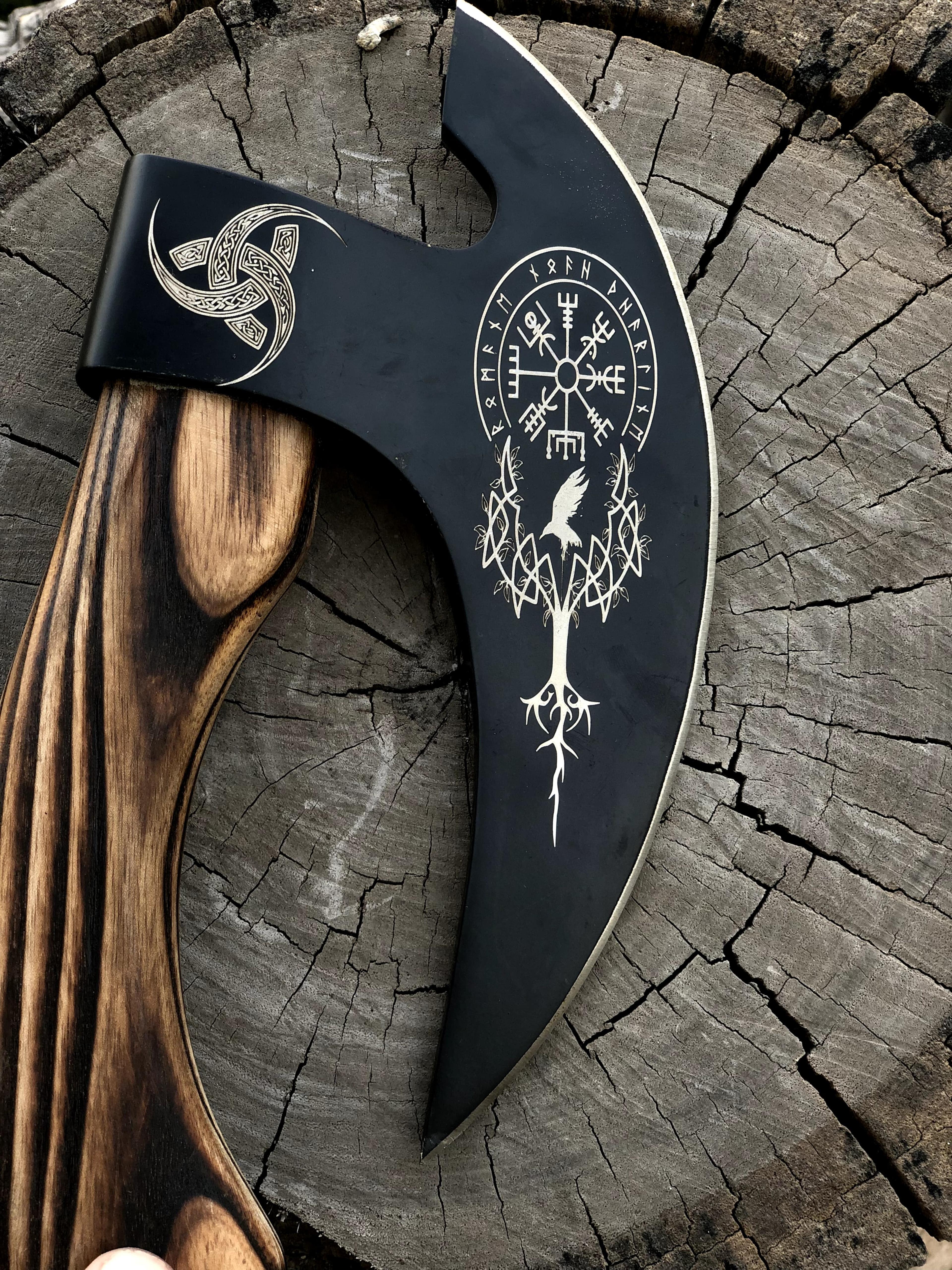 hand forged viking bearded axe with engraved carbon steel blade & wooden handle for camping, bushcraft & collectors