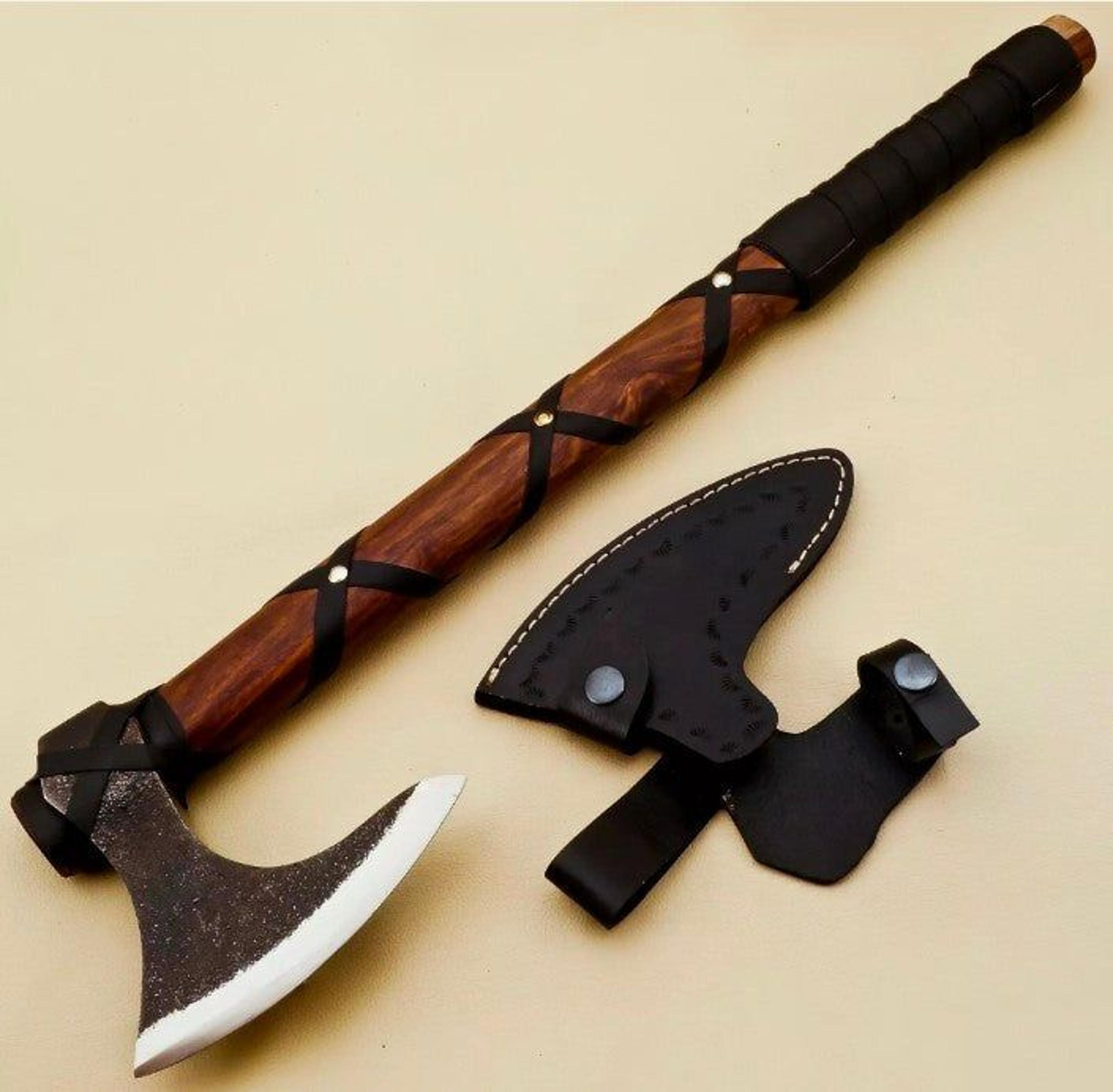 forged viking bearded axe with carbon steel blade, rosewood handle & leather sheath for camping, bushcraft & collectors