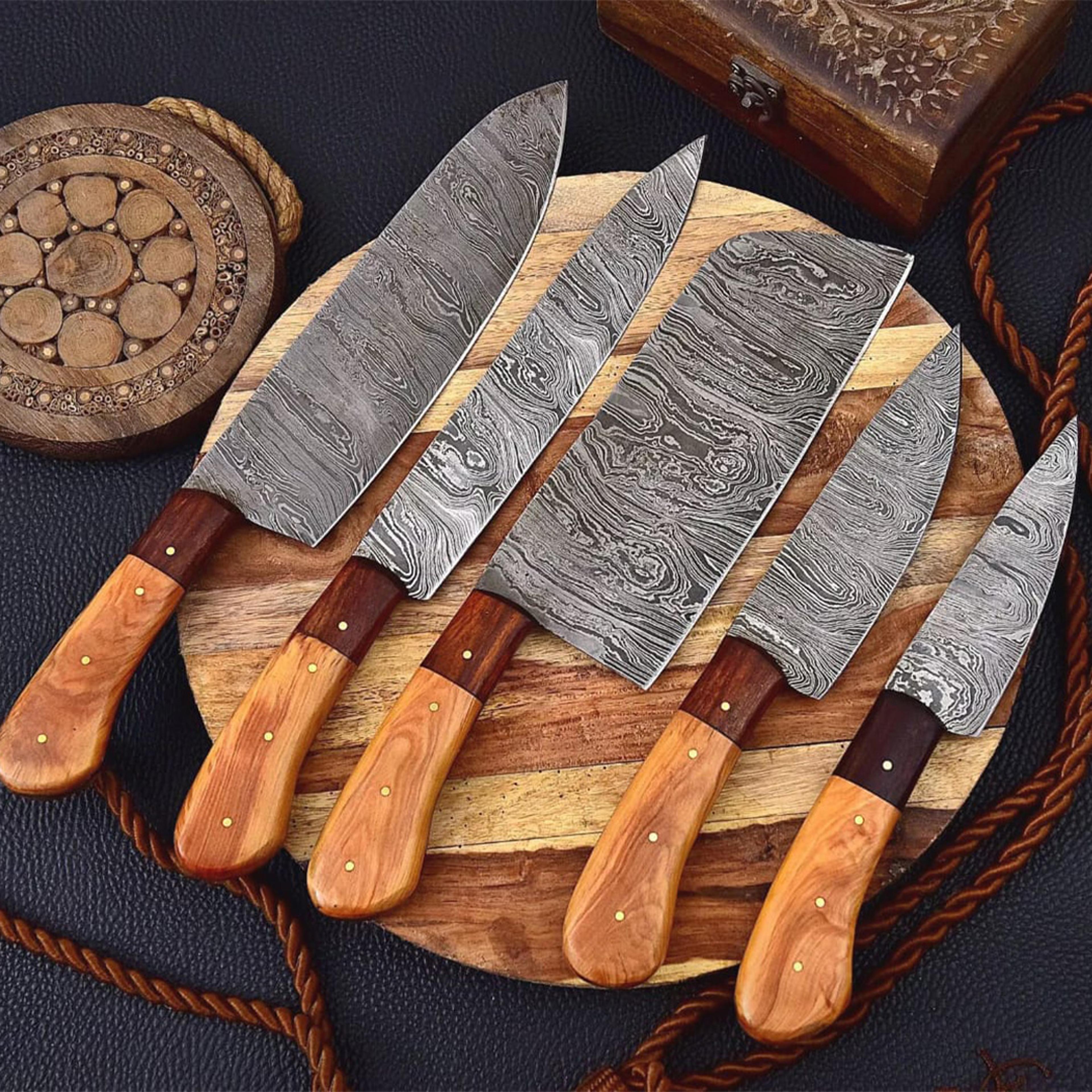 damascus steel knife set | custom hand-forged chef knives with premium steel blades & ergonomic handles