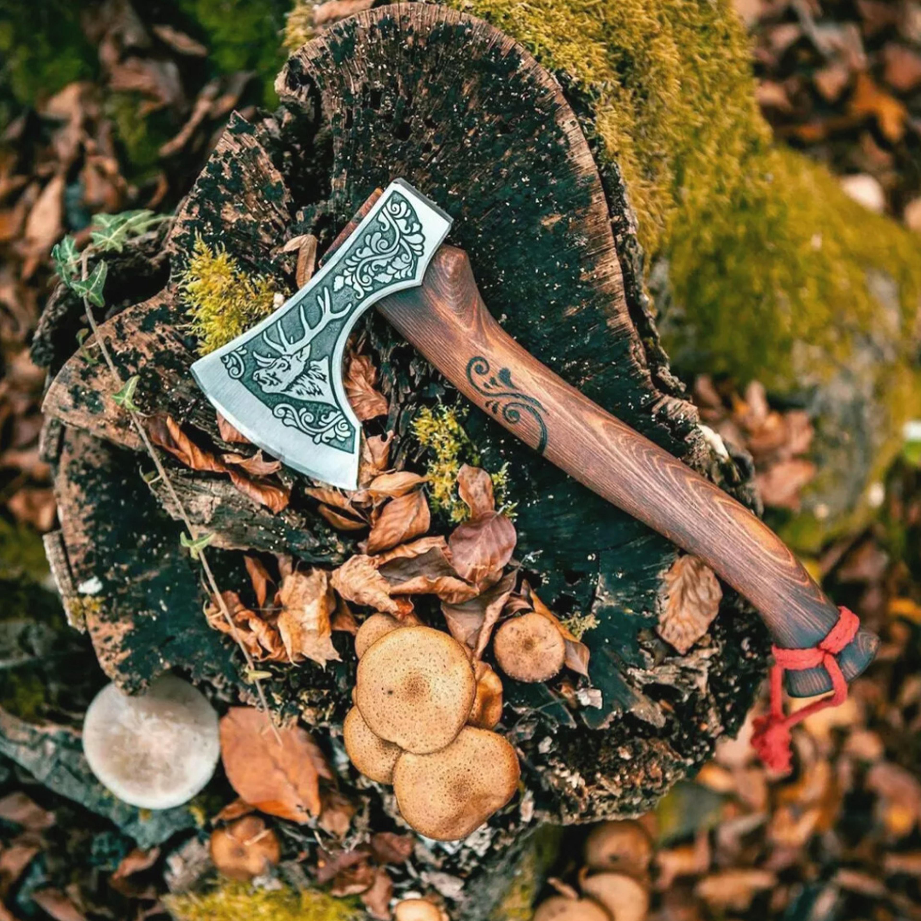 handmade high-carbon steel tomahawk axe | hand-forged battle axe with carved head & oil-polished ash wood handle
