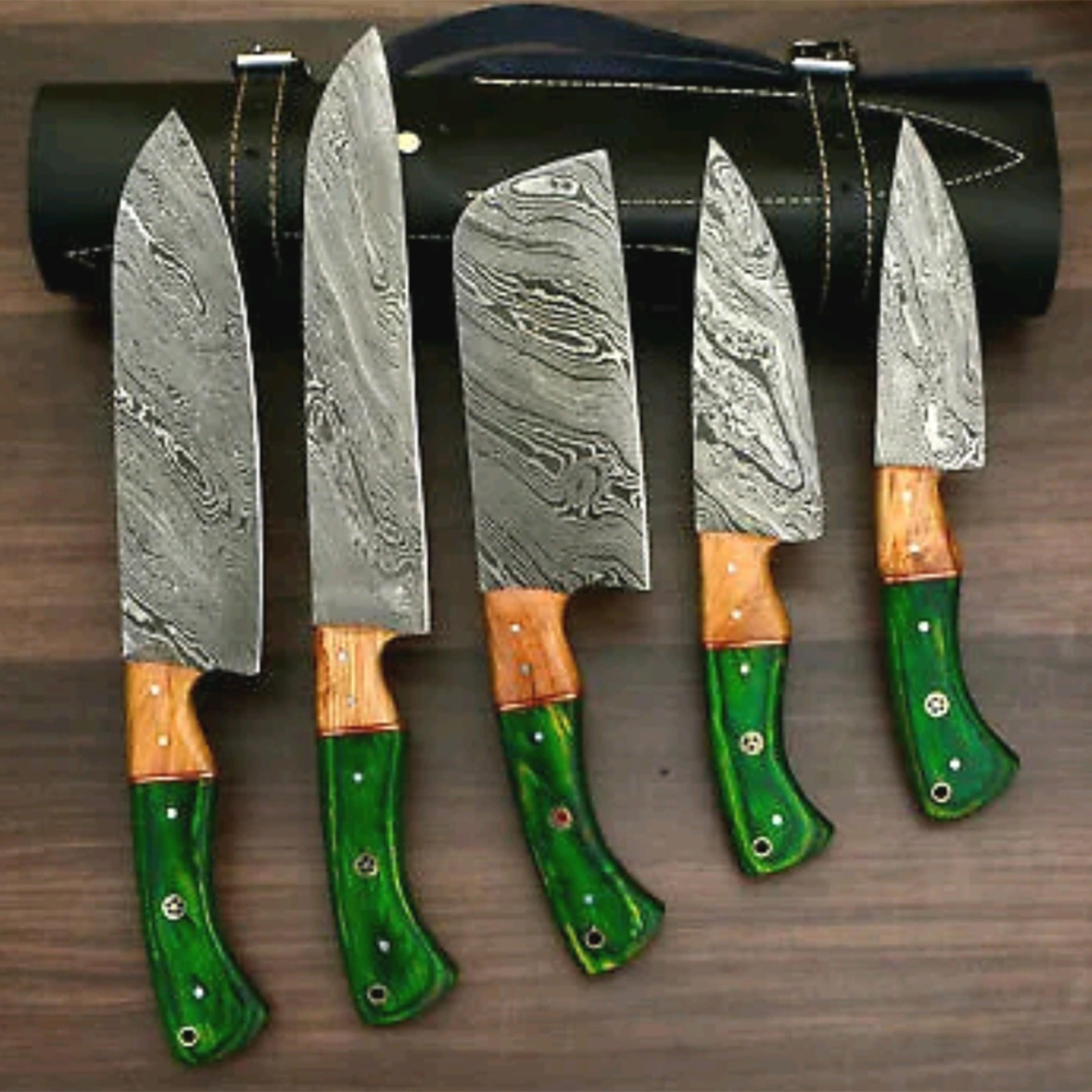 hand-forged damascus steel chef knife set | 5-piece professional kitchen collection | razor-sharp blades natural wood