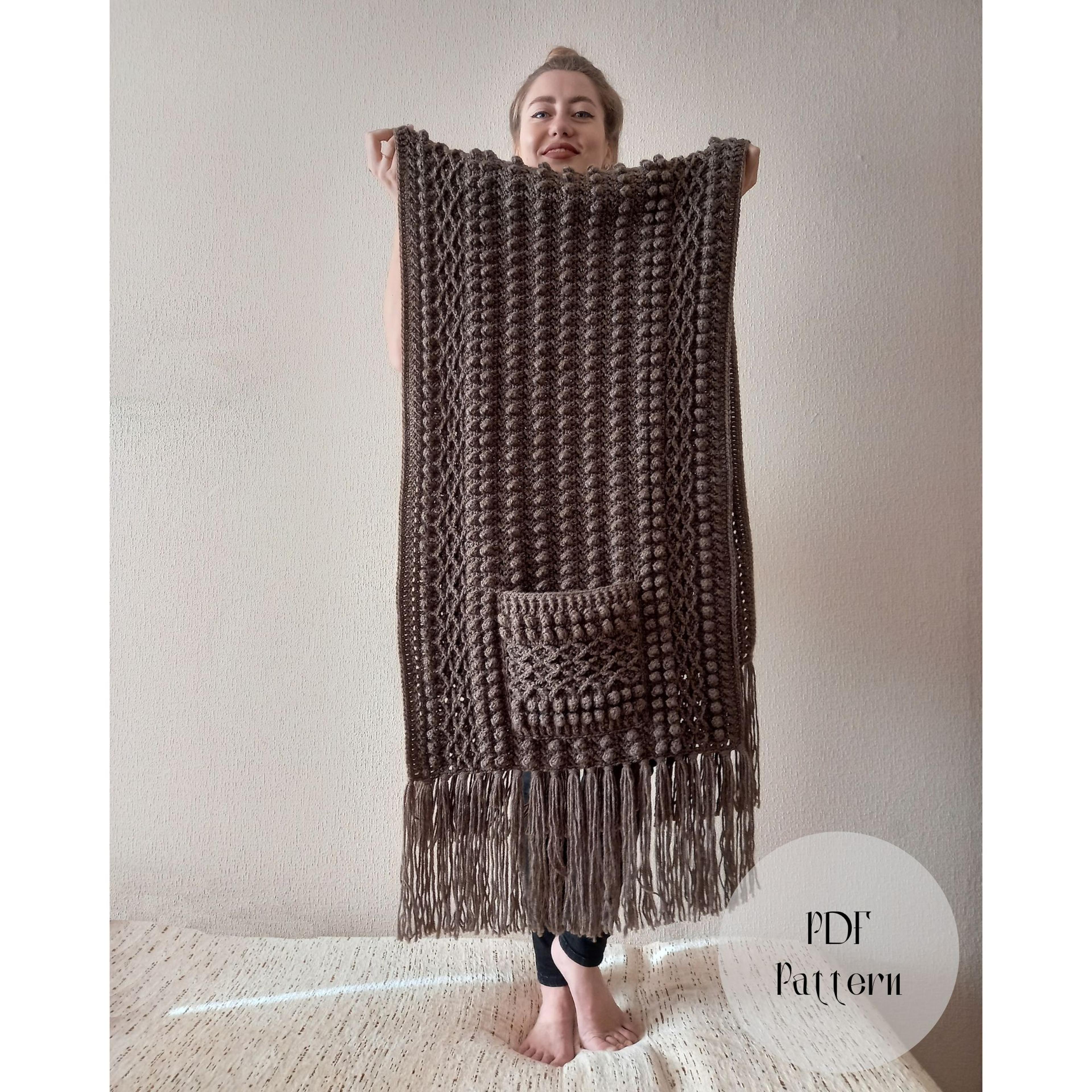 crochet pattern scarf with pockets, crochet shawl, boho crochet wrap, cozy warm scarf, easy crochet scarf pattern