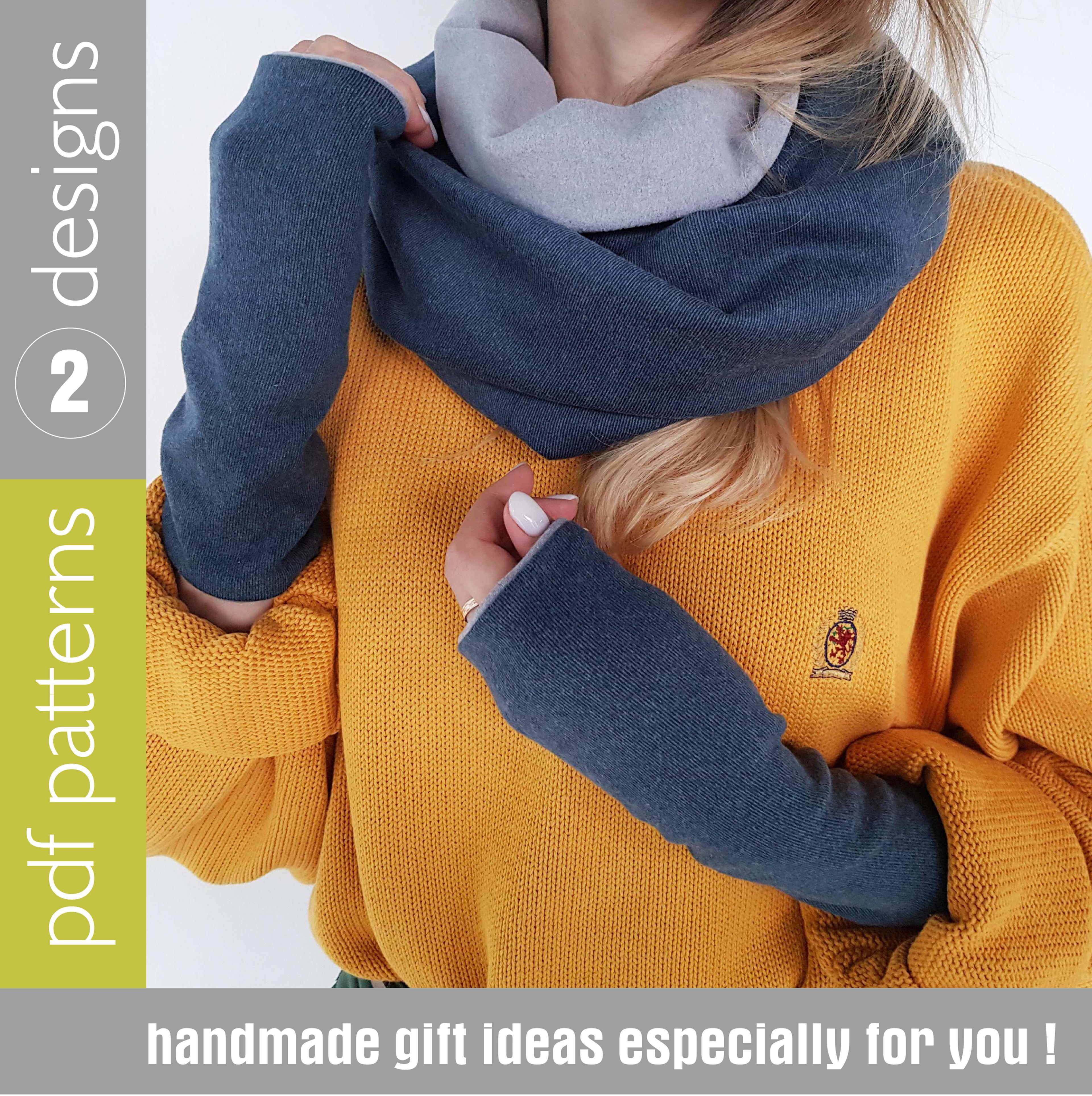 scarf infinity and cuffs set of 2 sewing patterns pdf and tutorials in english, scarf loop pattern, hand warmers pattern