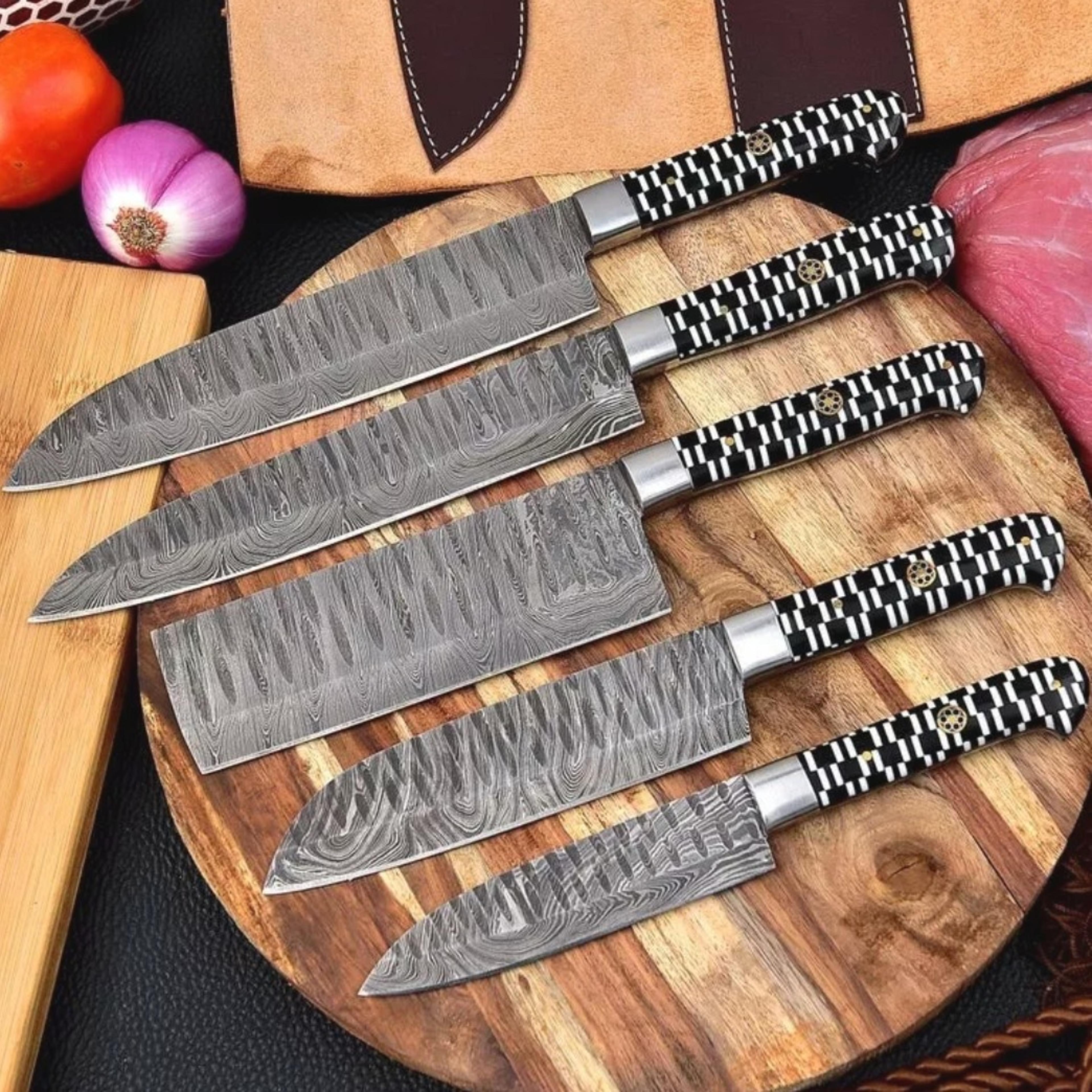 handmade damascus chef knife set of 5 pcs with leather sheath father's day gift groomsmen gift bbq