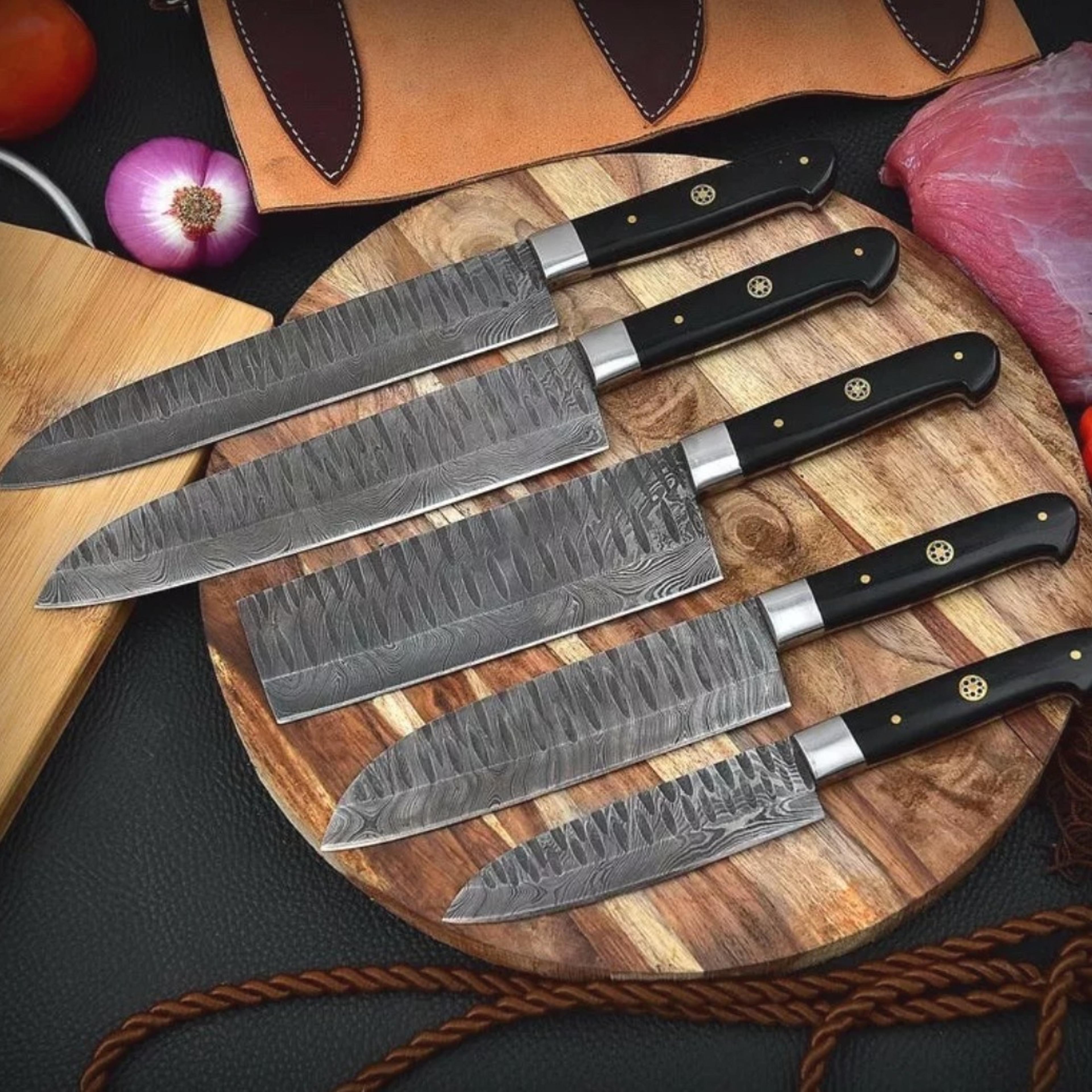 handmade damascus chef knife set of 5 pcs with leather sheath father's day gift groomsmen gift bbq