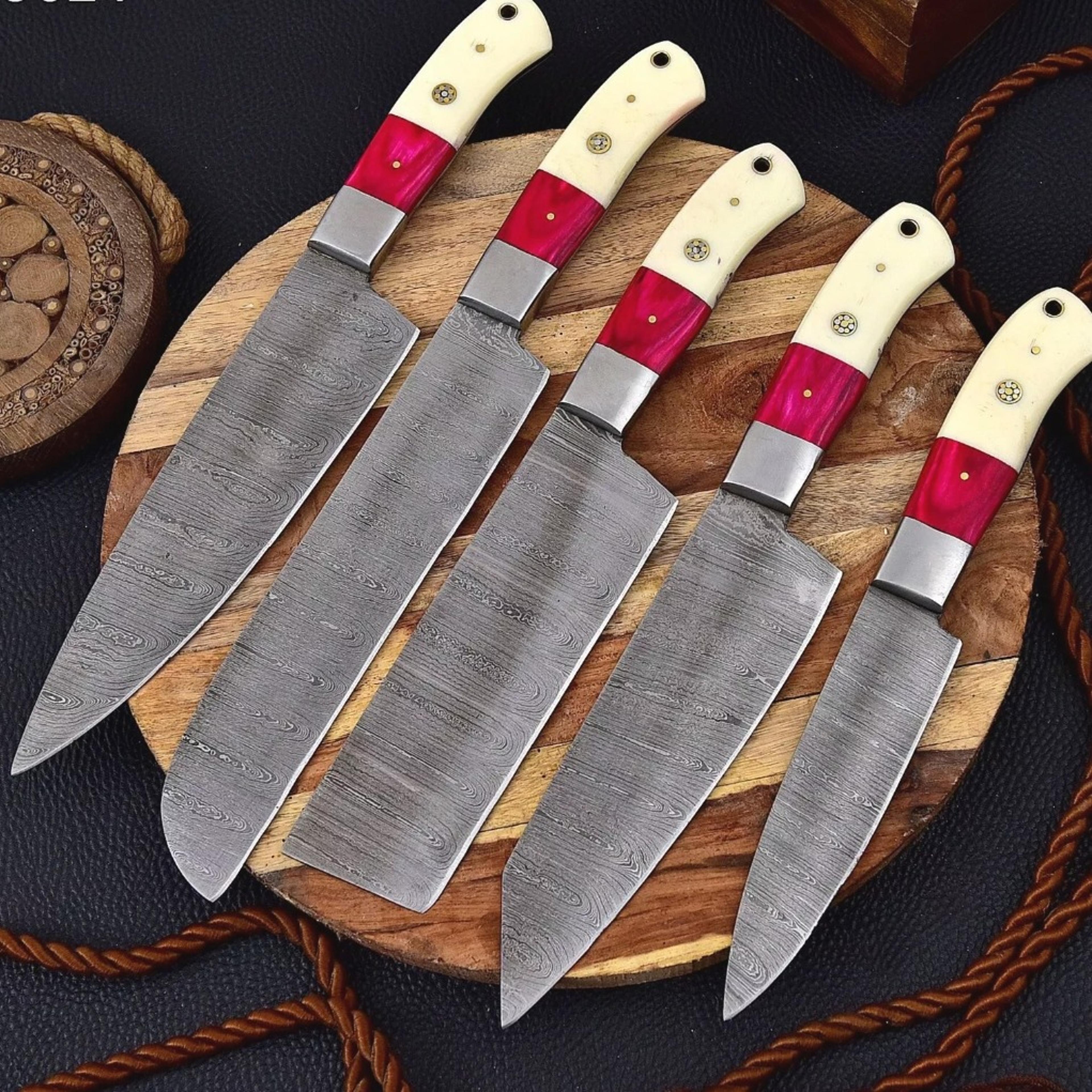 handmade damascus chef knife set of 5 pcs with leather sheath father's day gift groomsmen gift bbq