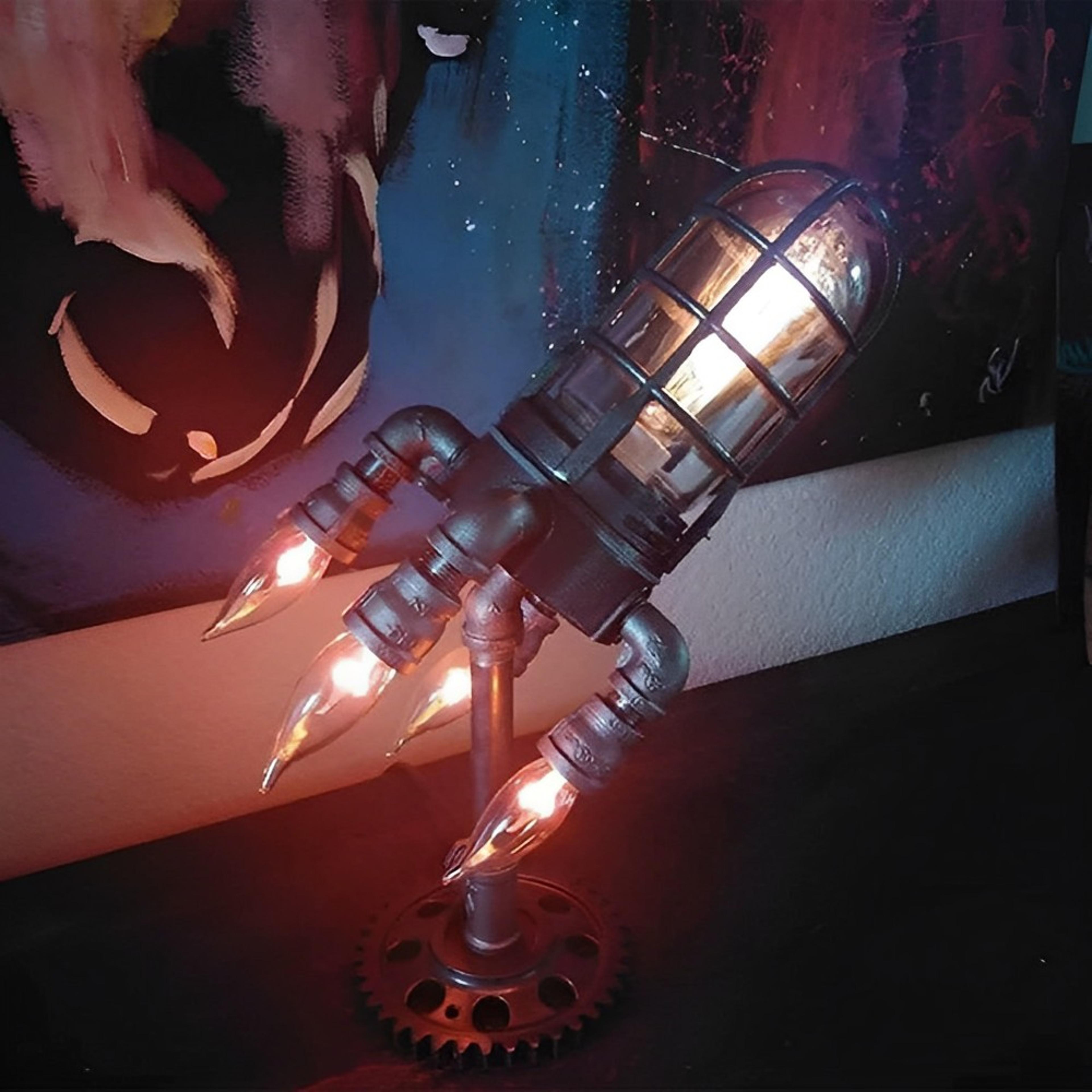 steampunk rocket lamp, retro industrial night light with flame leds, home decoration for living room, bedroom, office