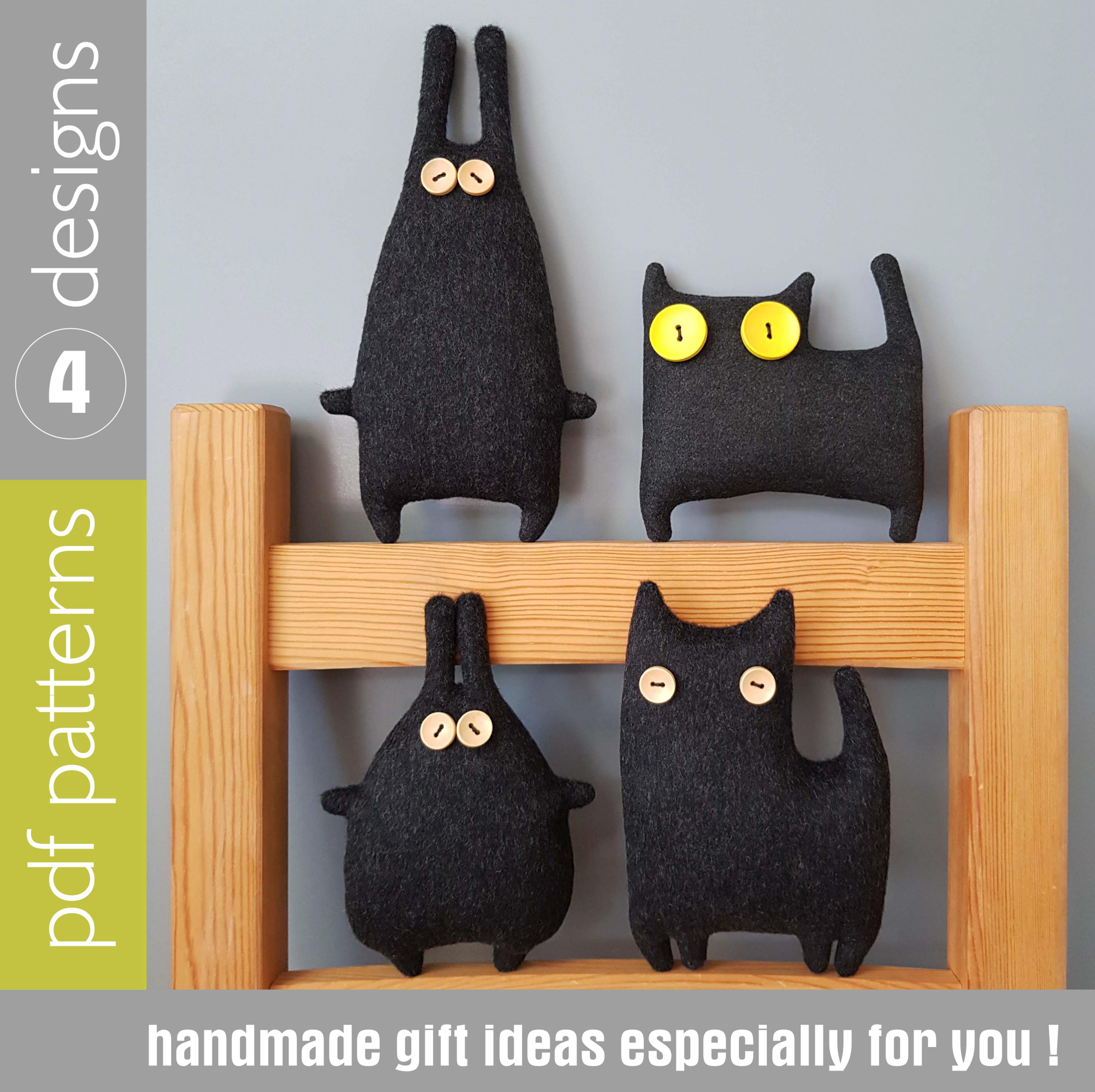 halloween dolls sewing patterns pdf 2 black cats and 2 black rabbits , set of 4 digital tutorials pdf. halloween crafts