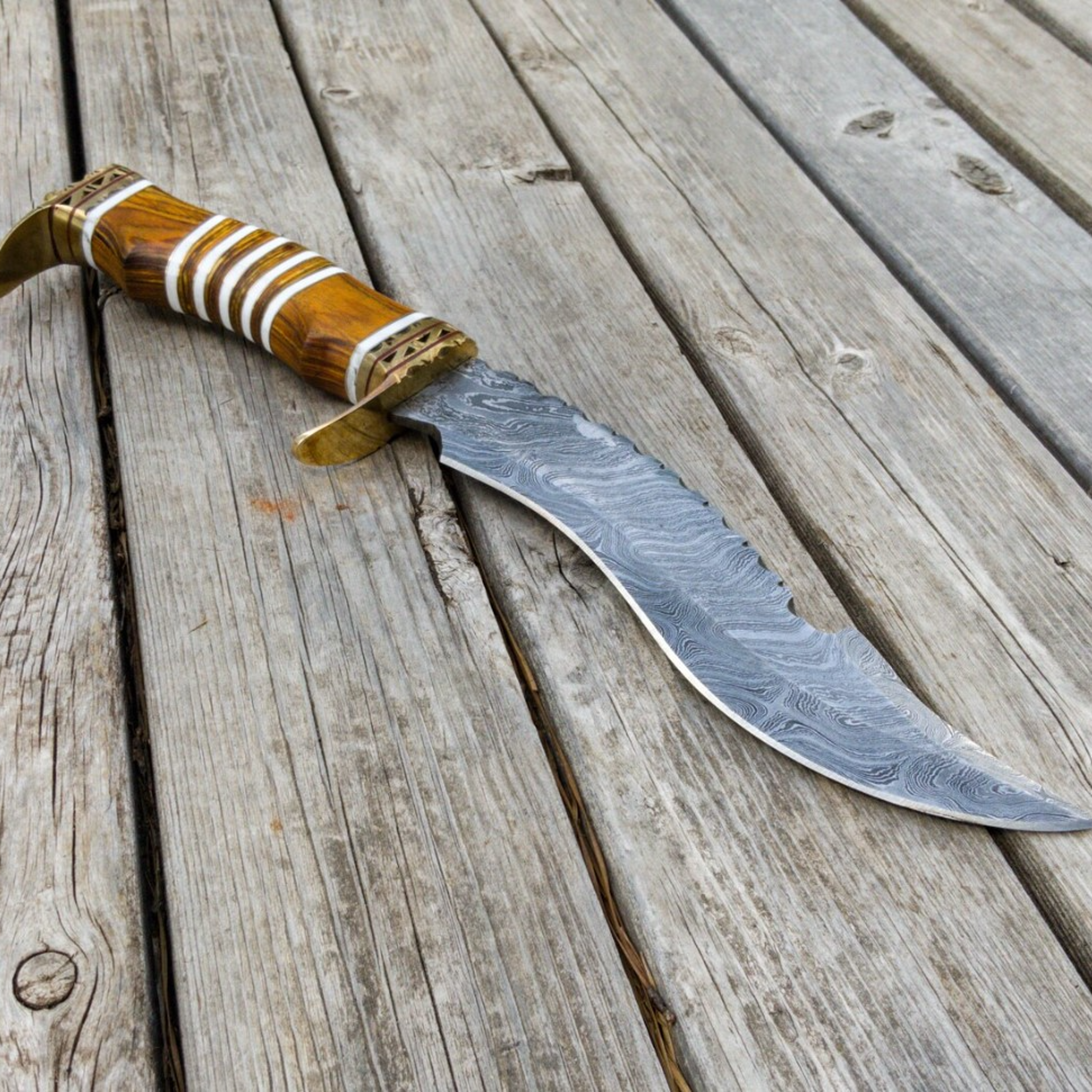 assured victory damascus steel kukri knife collectible hunting sawback machete with leather sheath