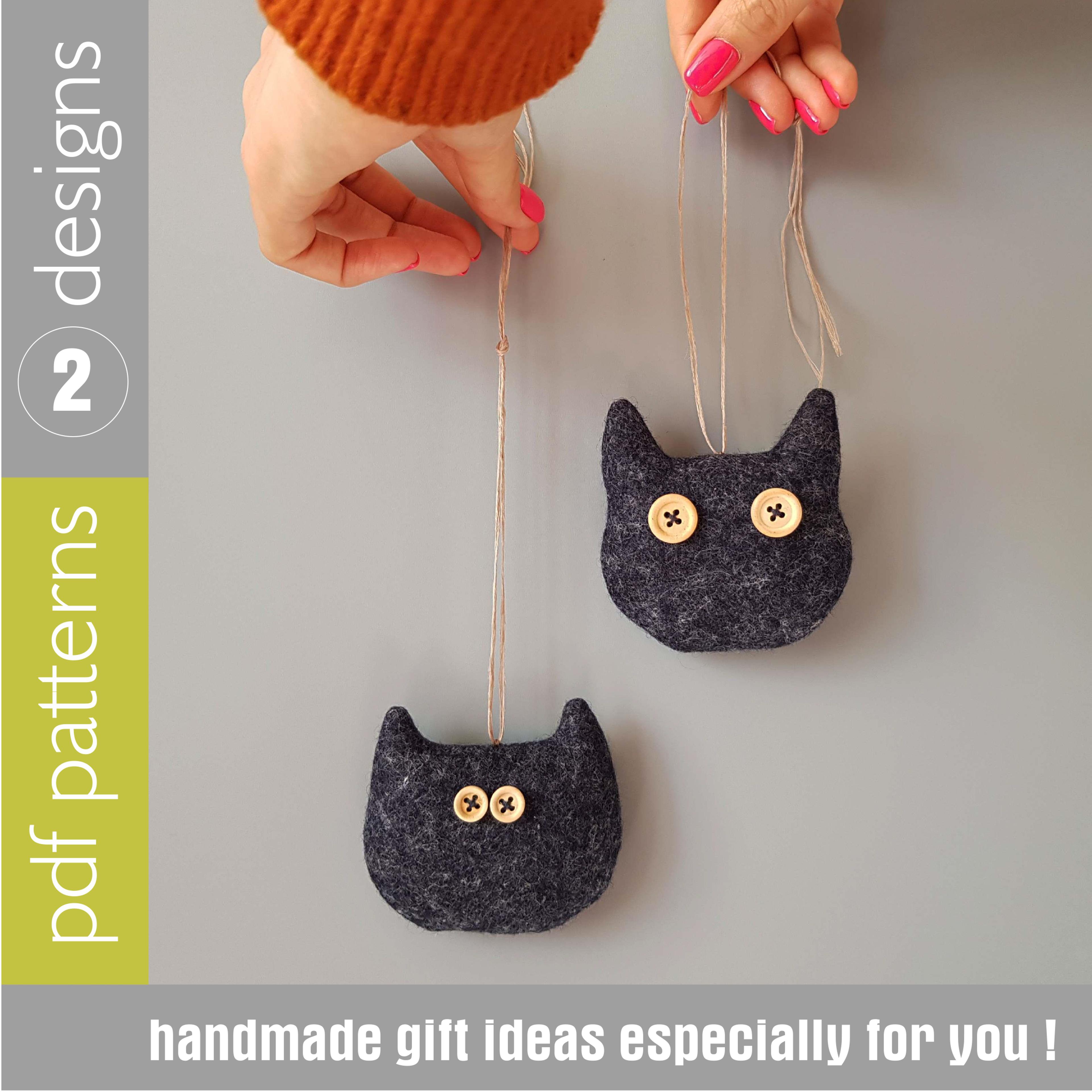 2 felt cats sewing patterns pdf, digital tutorial in english, halloween dolls diy. felt craft. stuffed animals patterns
