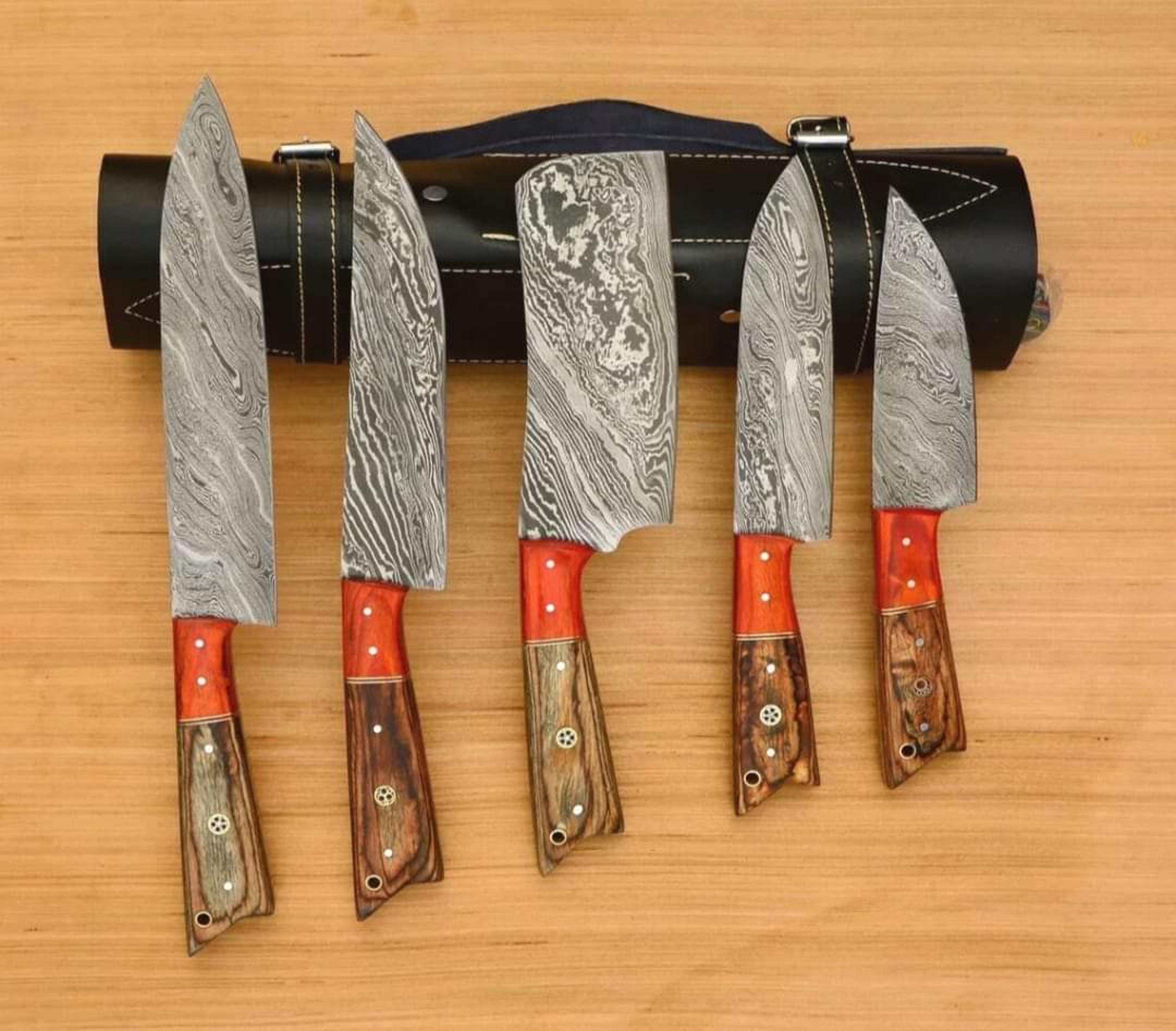 damascus chef set of 5 pieces ,custom handmade chef set , handmade damascus chef set ,personalized gift for mother ,