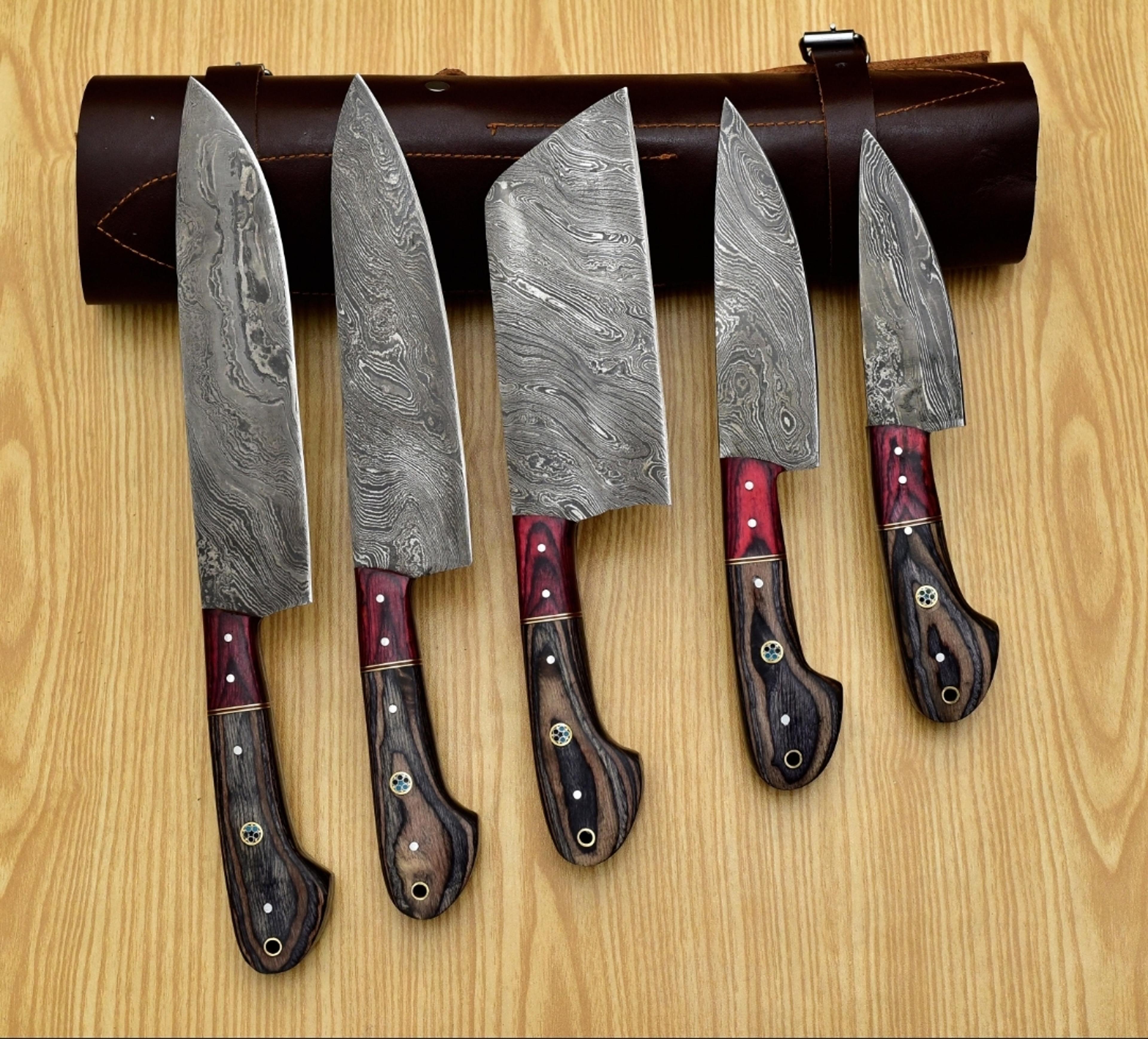 damascus chef set of 5 pieces ,custom handmade chef set , handmade damascus chef set ,personalized gift for mother ,