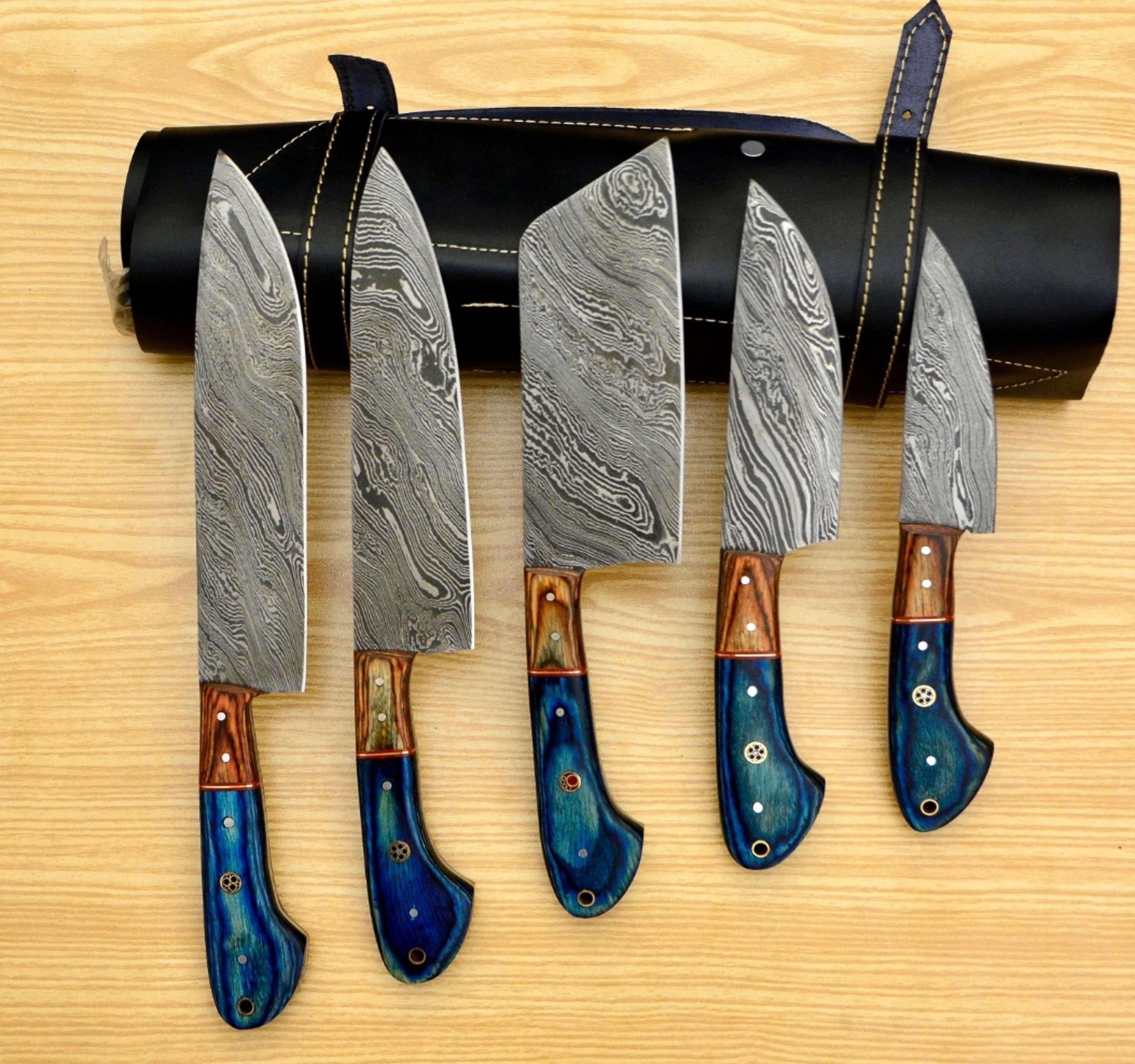 damascus chef set of 5 pieces ,custom handmade chef set , handmade damascus chef set ,personalized gift for mother ,