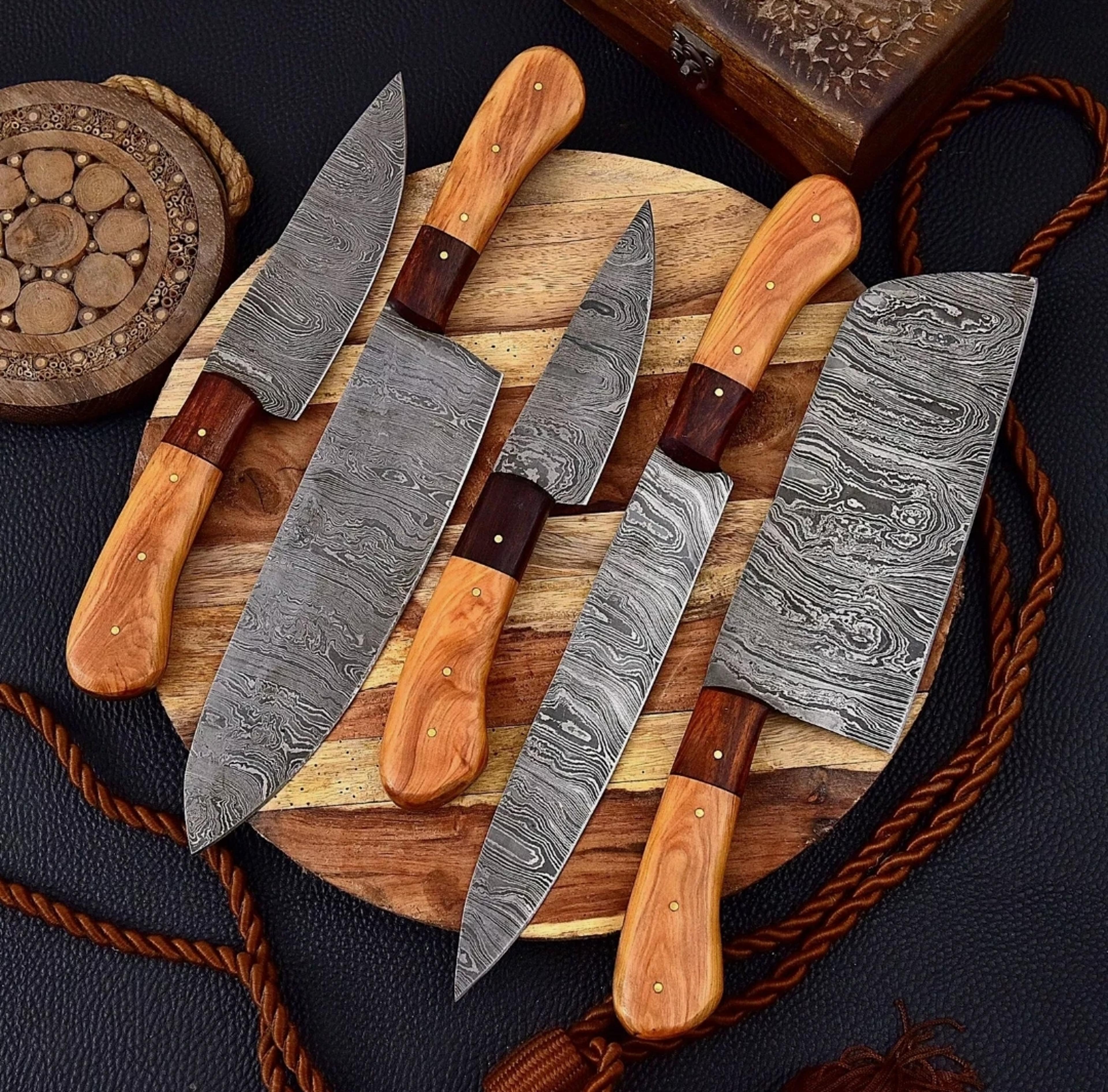 damascus chef set of 5 pieces ,custom handmade chef set , handmade damascus chef set ,personalized gift for mother ,