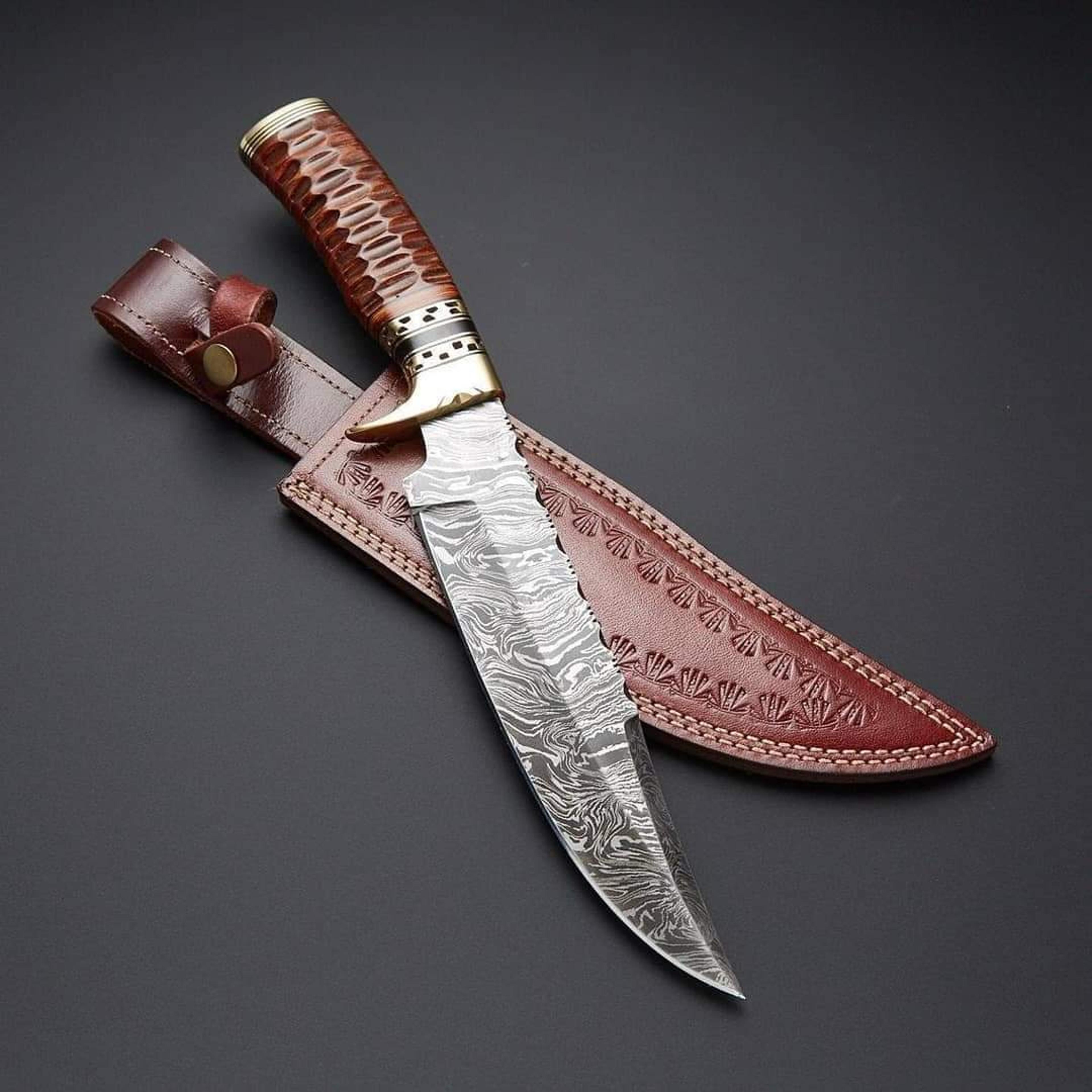 damascus steel knife, hunting knife with sheath, fixed blade camping knife, bowie knife, handmade knives, gifts for men