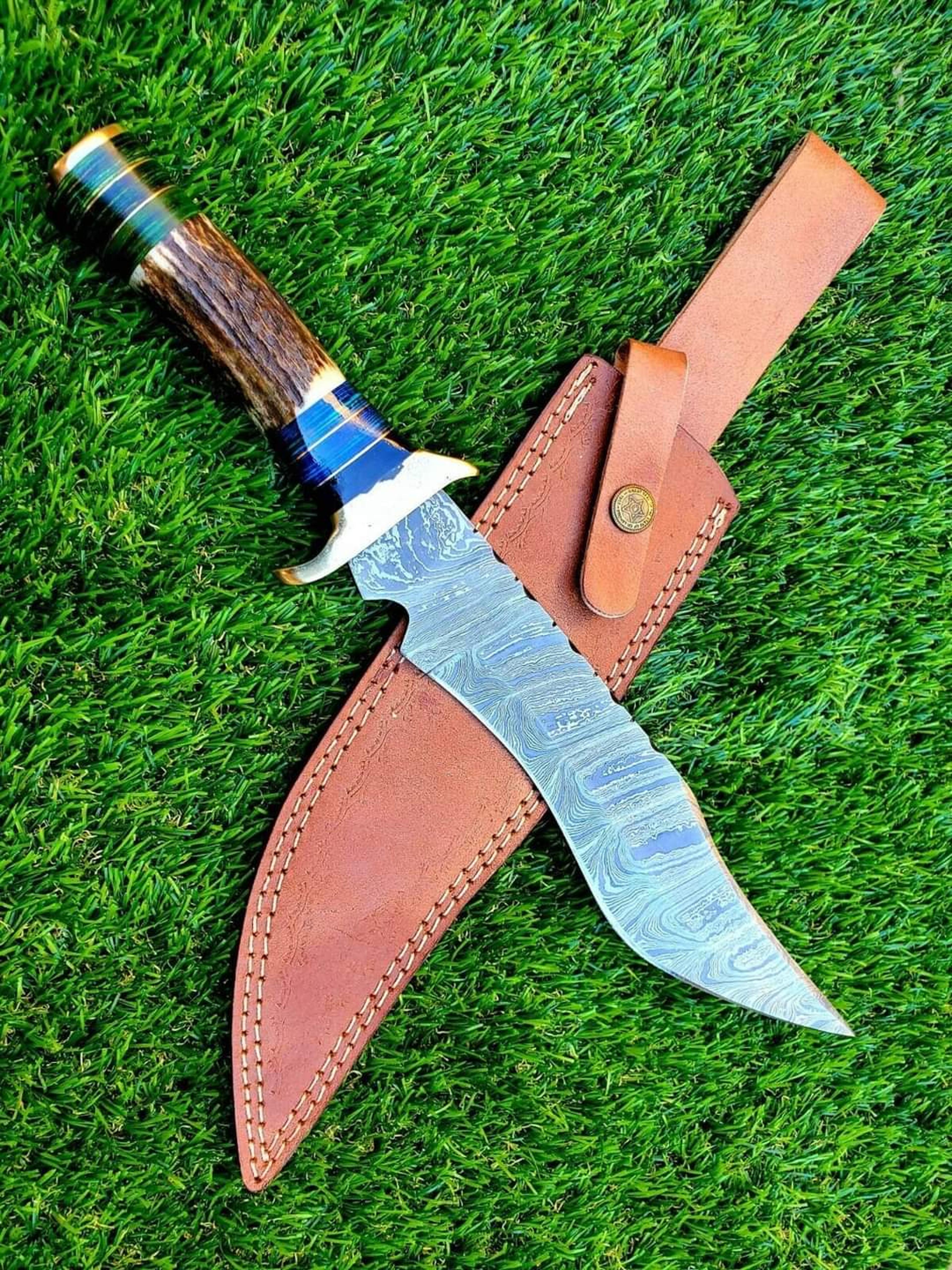 damascus steel knife, hunting knife with sheath, fixed blade camping knife, bowie knife, handmade knives, gifts for men