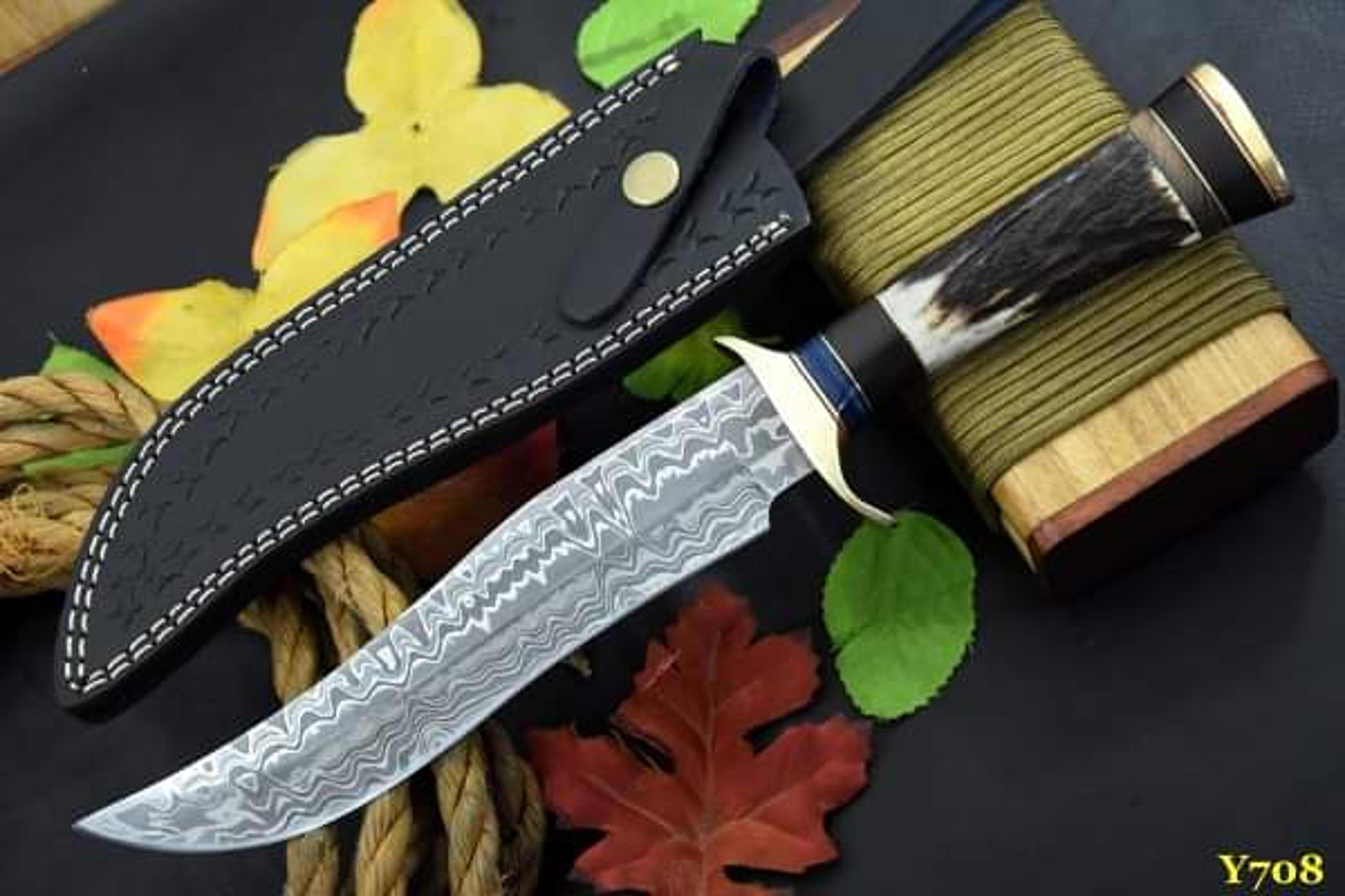 damascus steel knife, hunting knife with sheath, fixed blade camping knife, bowie knife, handmade knives, gifts for men