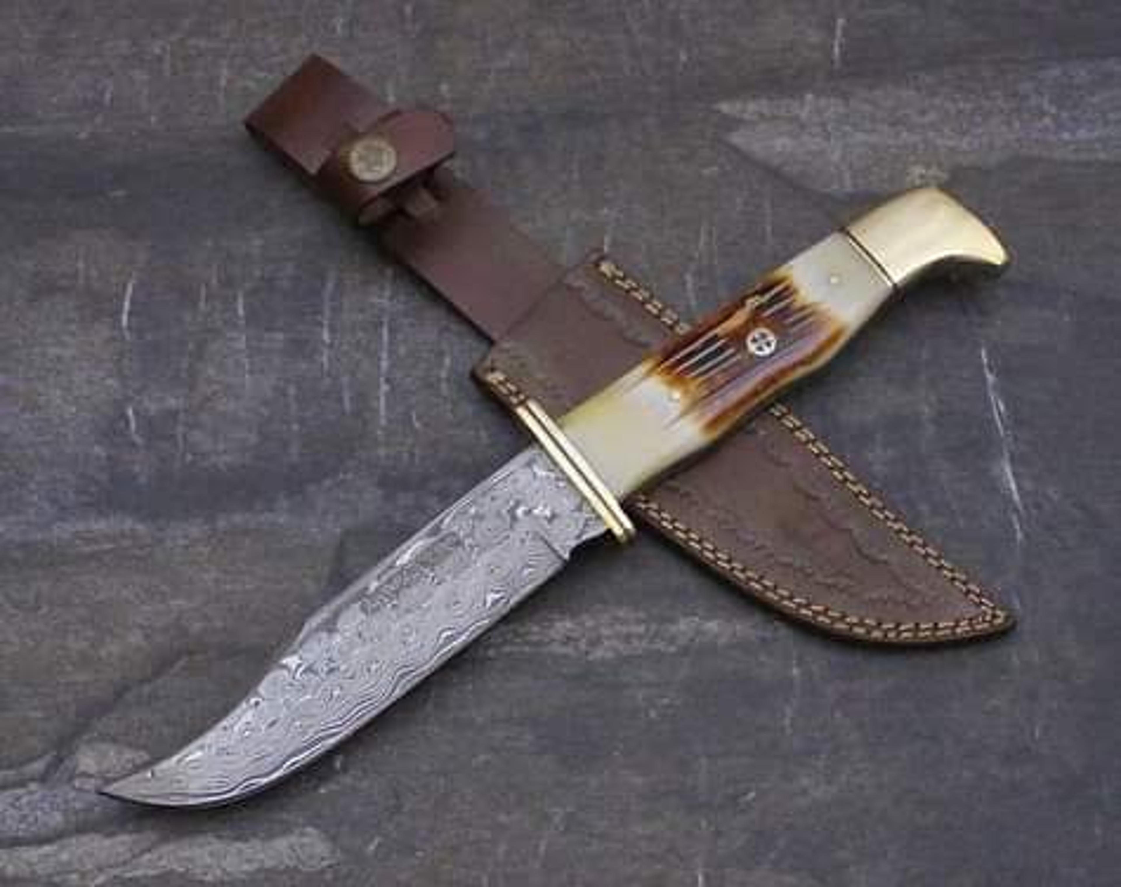 damascus steel knife, hunting knife with sheath, fixed blade camping knife, bowie knife, handmade knives, gifts for men