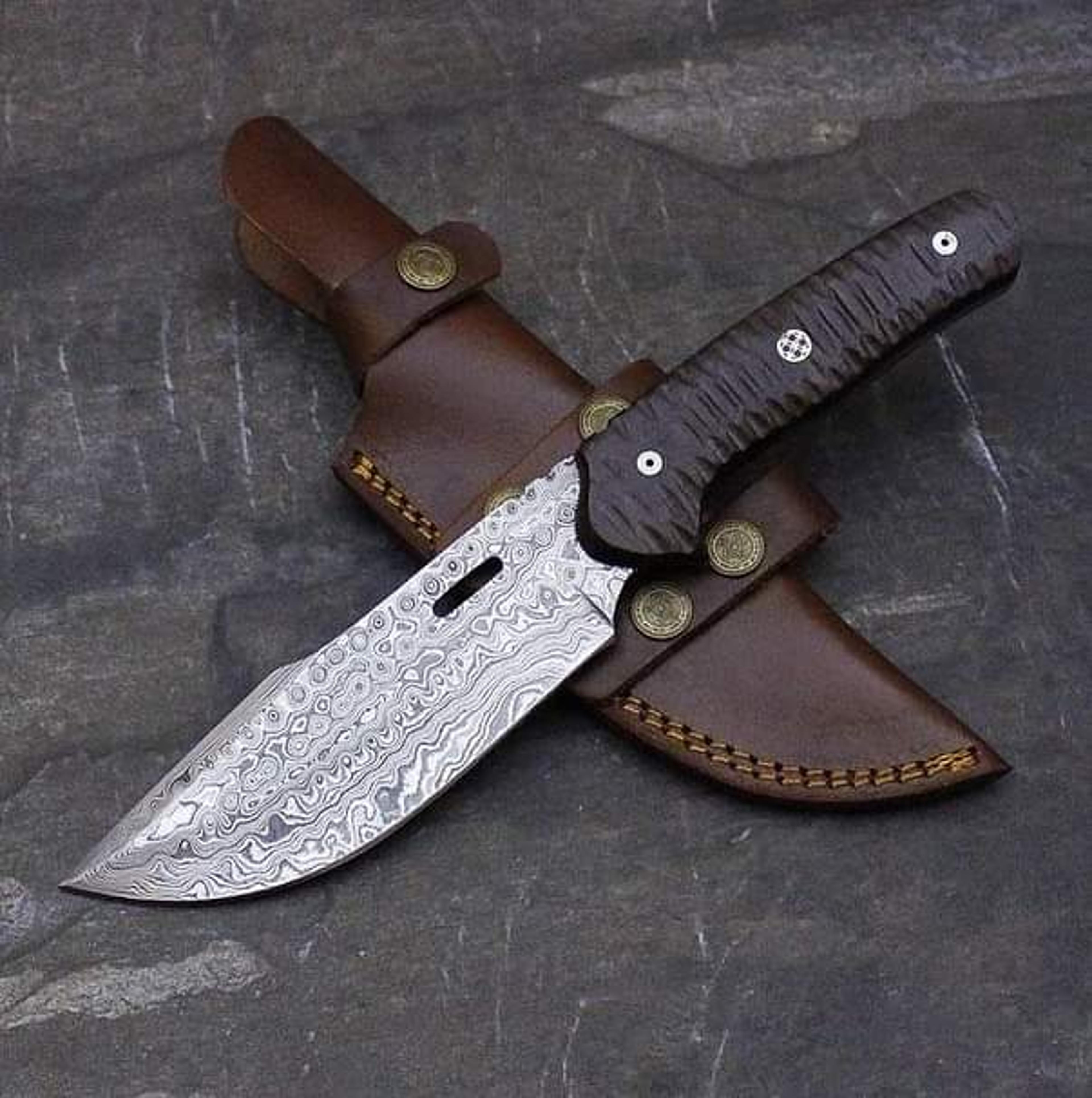 damascus steel knife, hunting knife with sheath, fixed blade camping knife, bowie knife, handmade knives, gifts for men