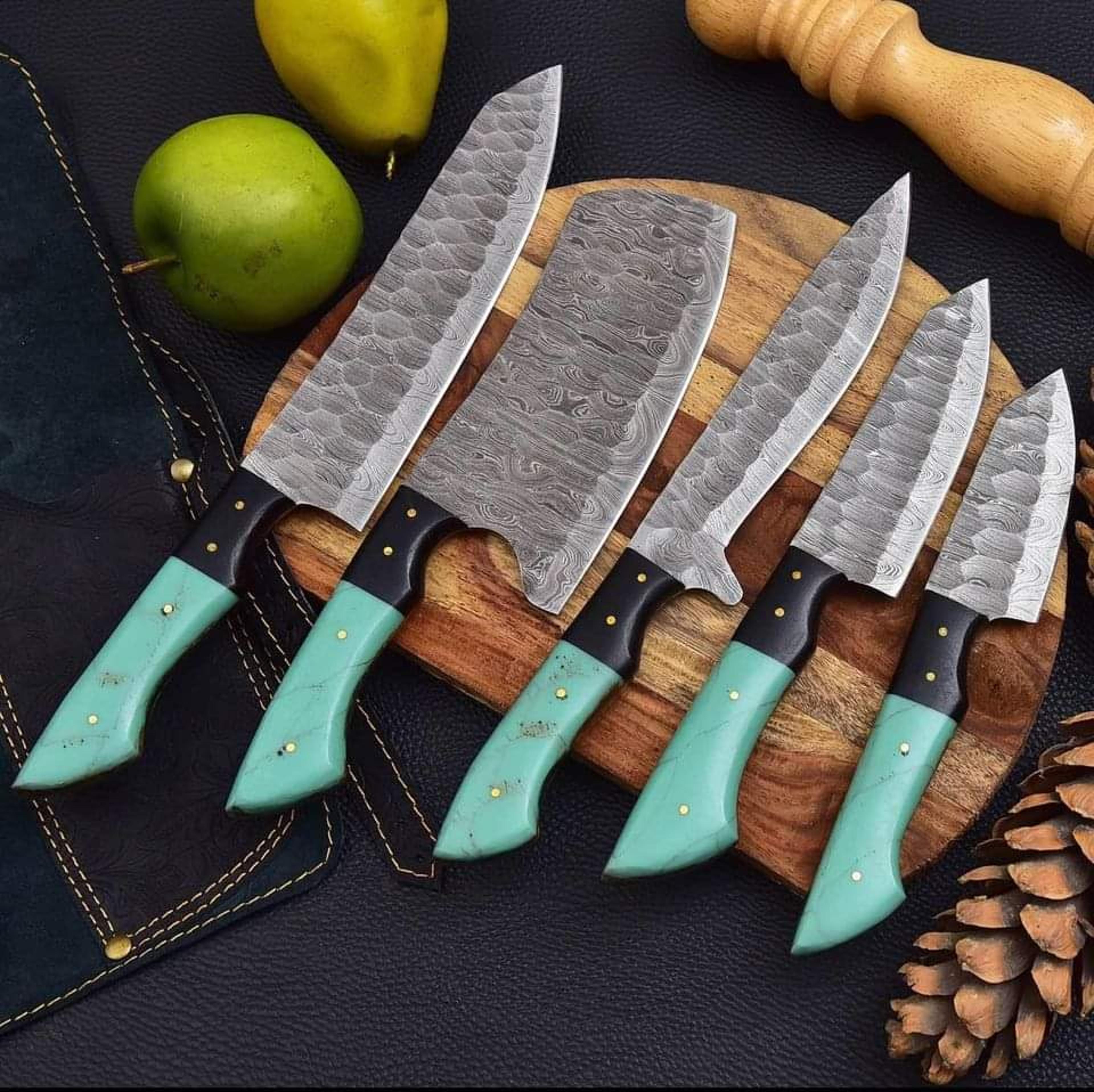 carbon steel chef set of 5 pieces ,custom handmade chef set , handmade damascus chef set ,personalized gift for mother ,