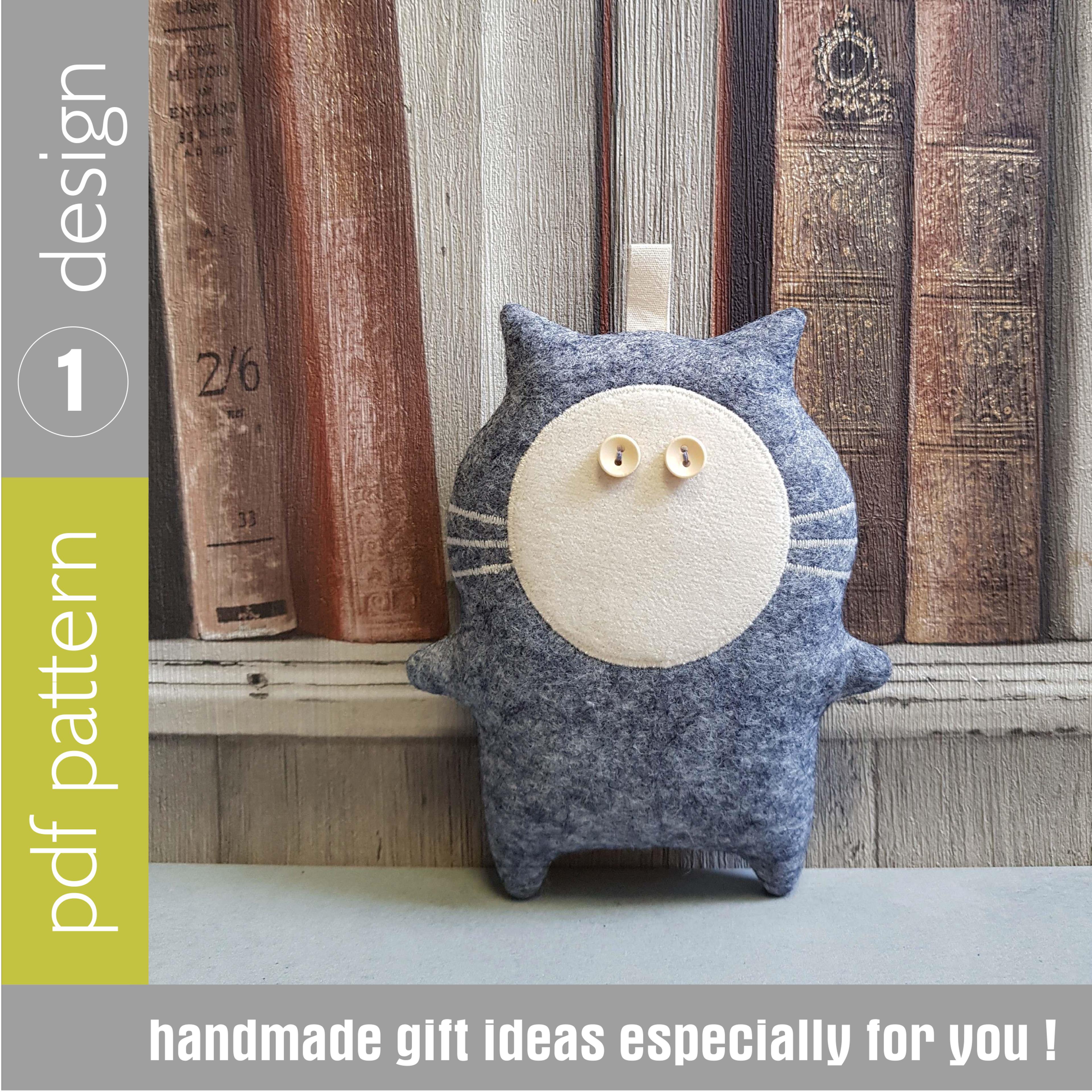 grey felt cat sewing pattern pdf, digital tutorial in english, felt doll pattern, stuffed animal sewing diy. felt craft