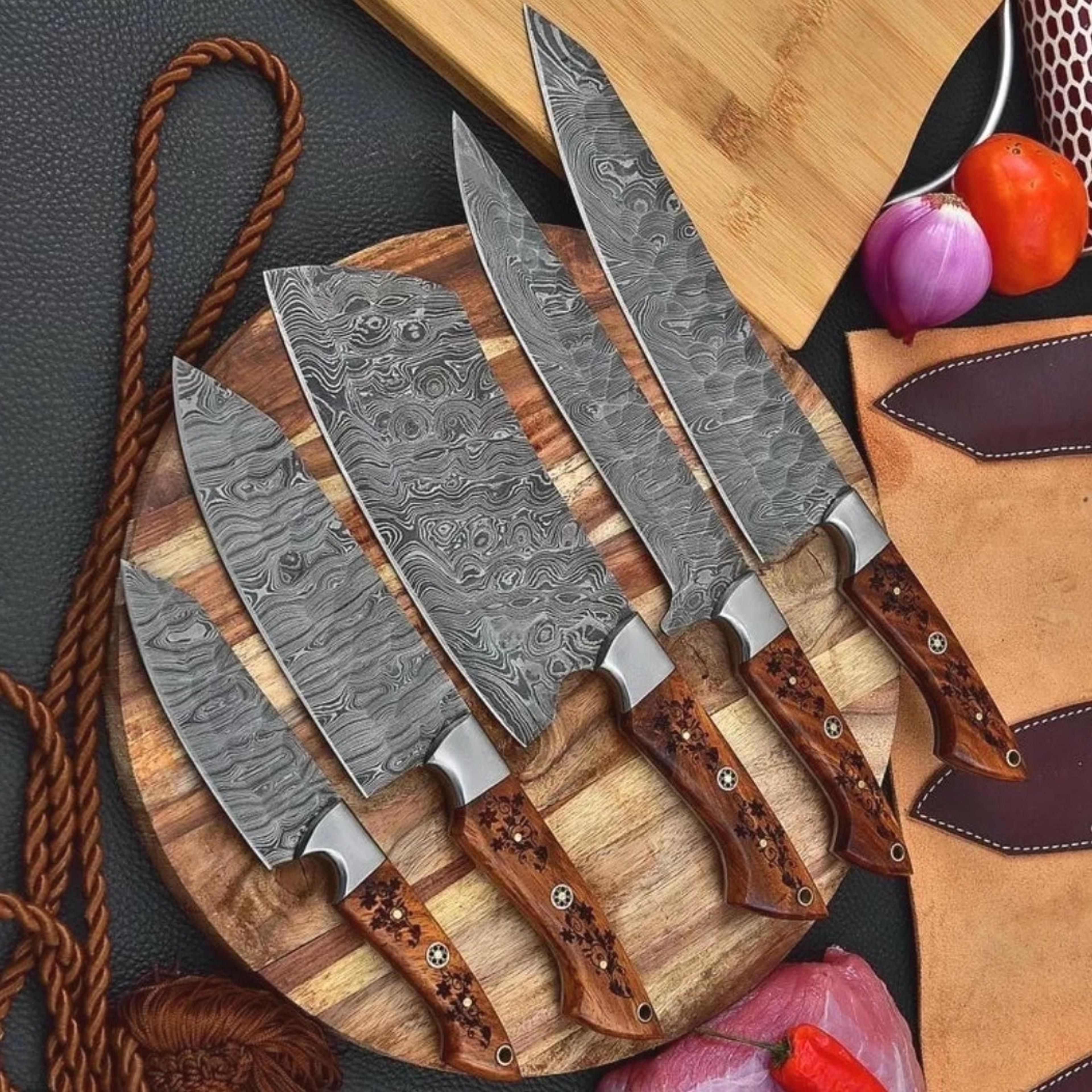 handmade damascus chef knife set of 5 pcs with leather sheath father's day gift groomsmen gift bbq