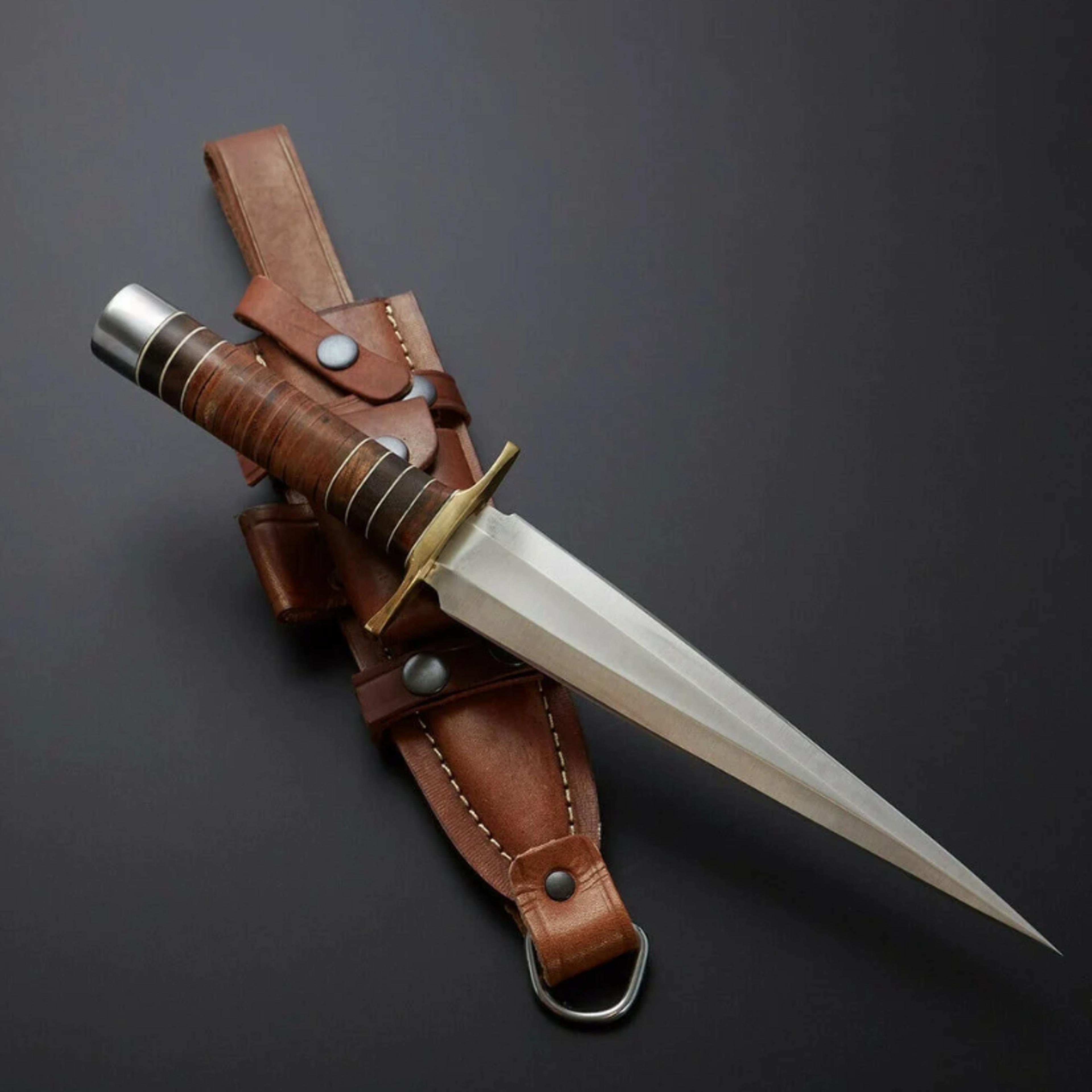 d2 steel dagger knife with beautiful leather handle included leather sheath