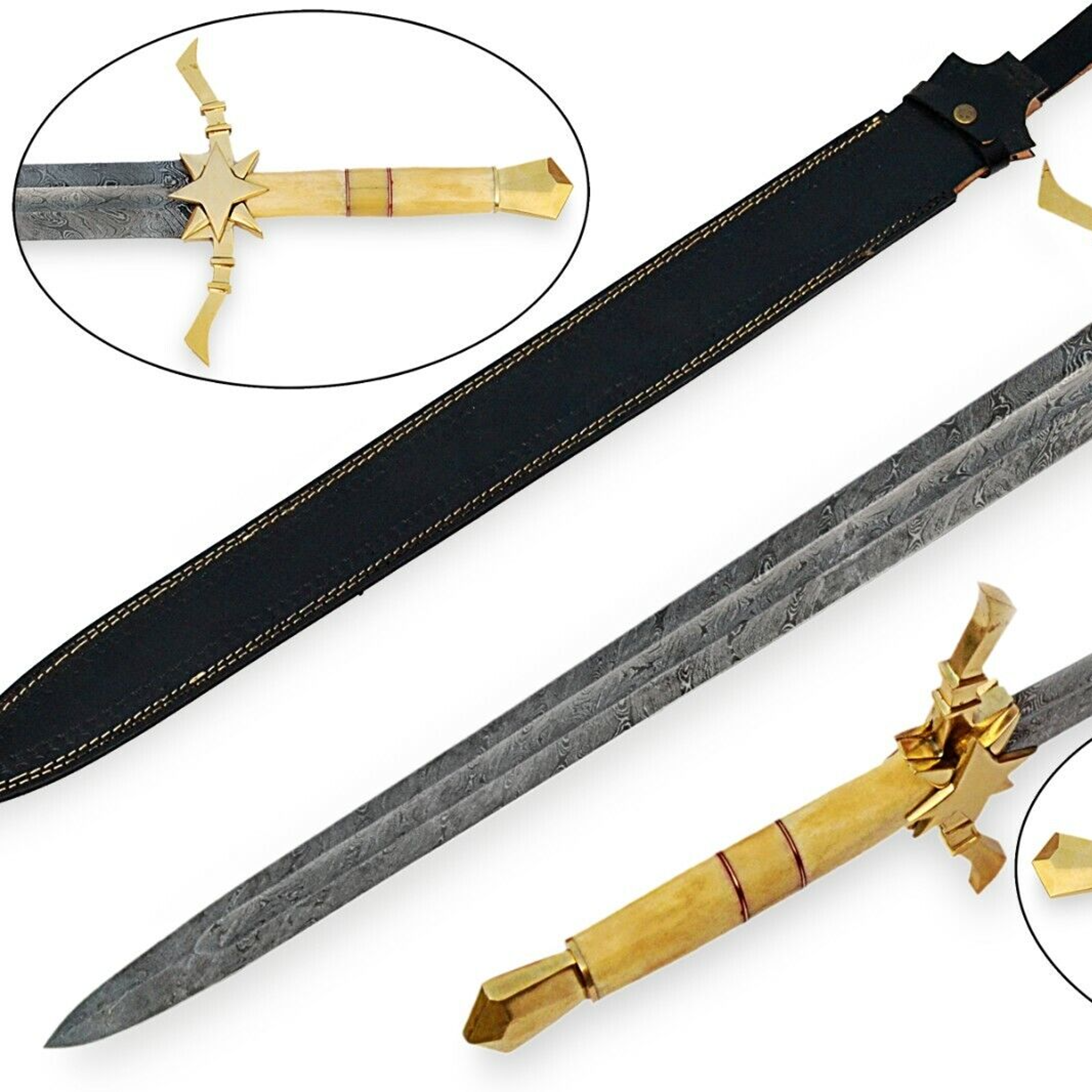 38" handcrafted damascus steel blade with elegant bone handle and sheath, needle point, full tang, ambidextrous, and bl