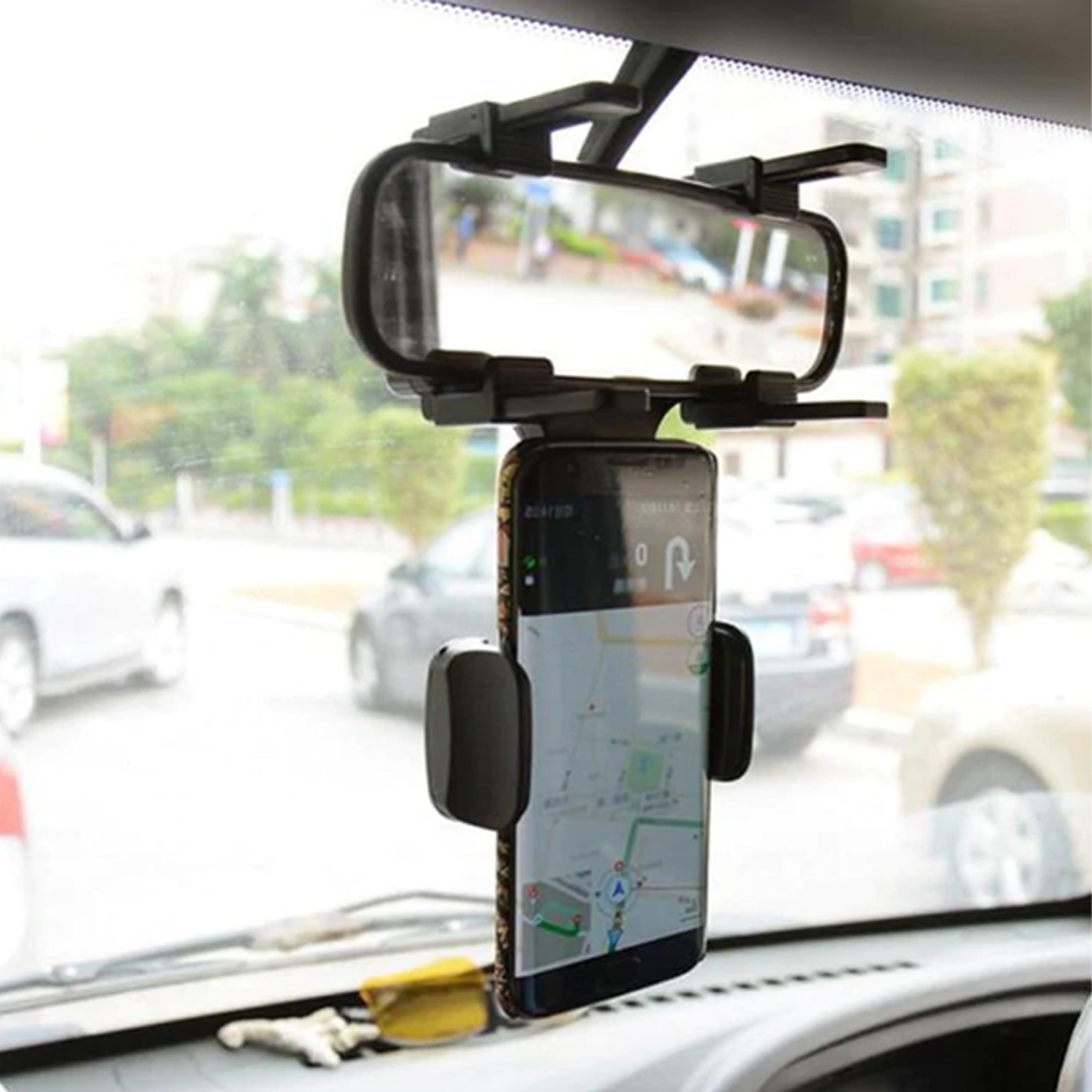 compact phone holder car rear view mirror | mount mobile phone with rotatable holder | dual gripper car phone holder