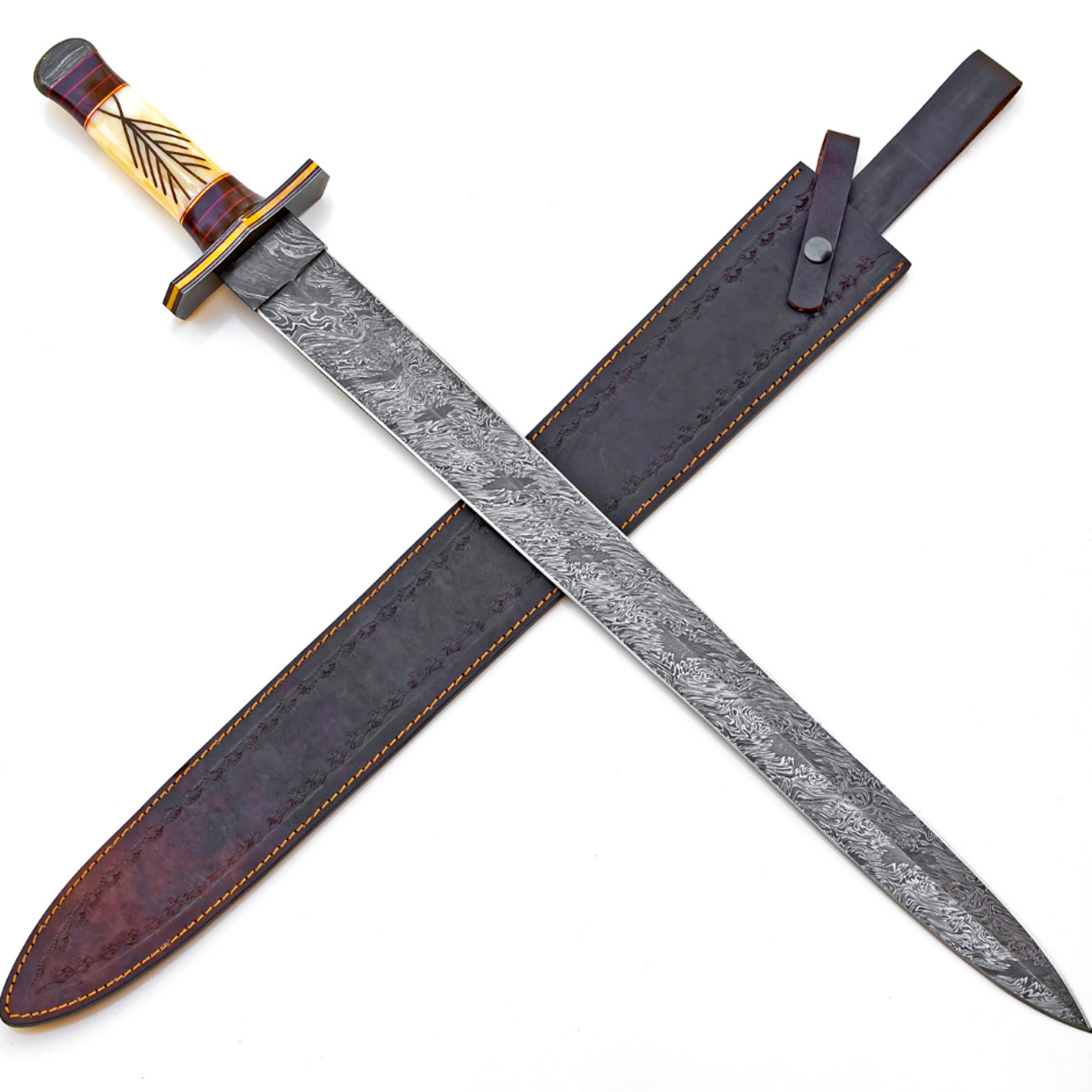 sword in storm – firestorm damascus viking sword | handmade 29.5" full tang camel bone & red wood handle | forged firest
