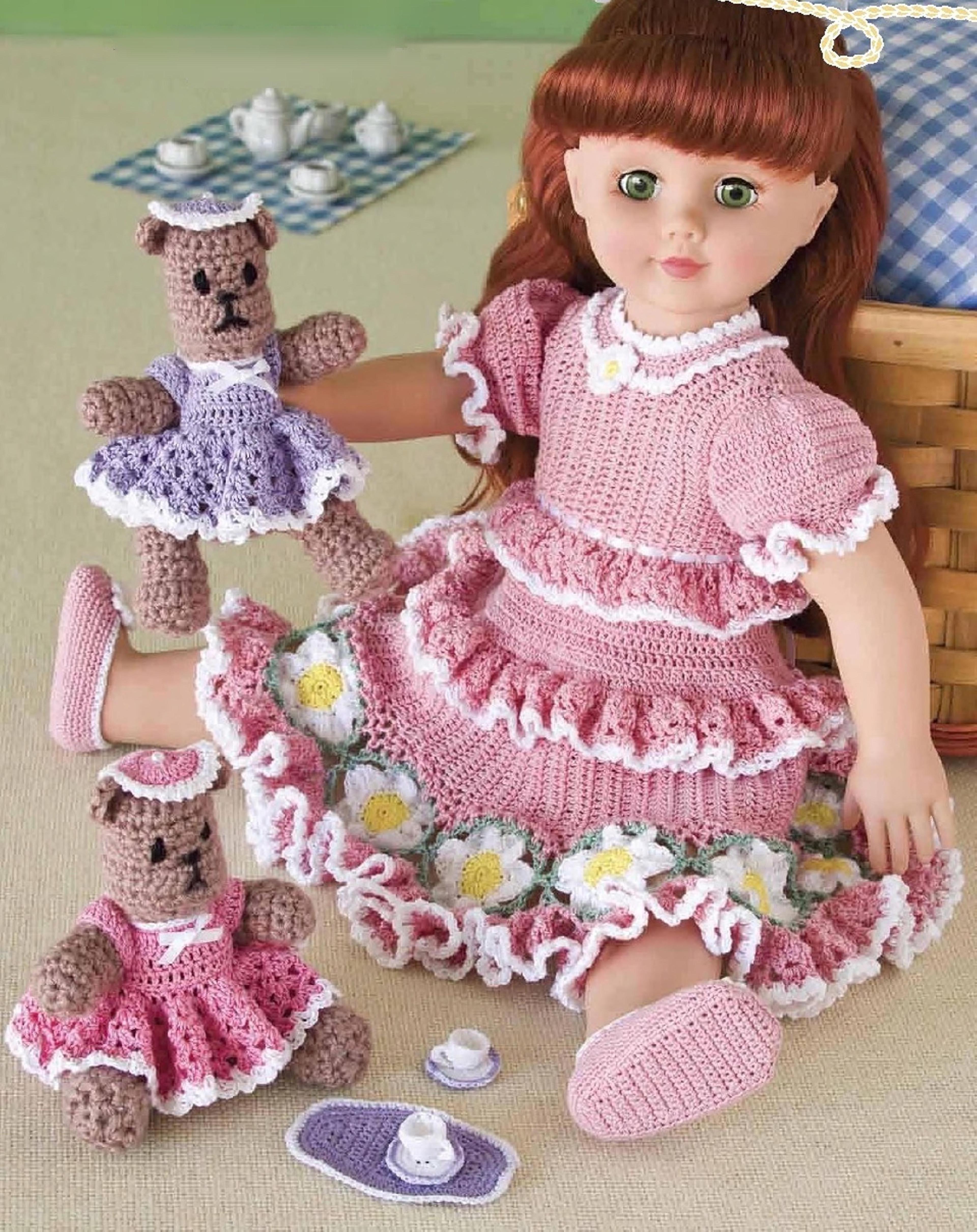 teddy bears crochet pattern - ruffled dress for 18-inch doll - stuffed toy vintage patterns digital pdf