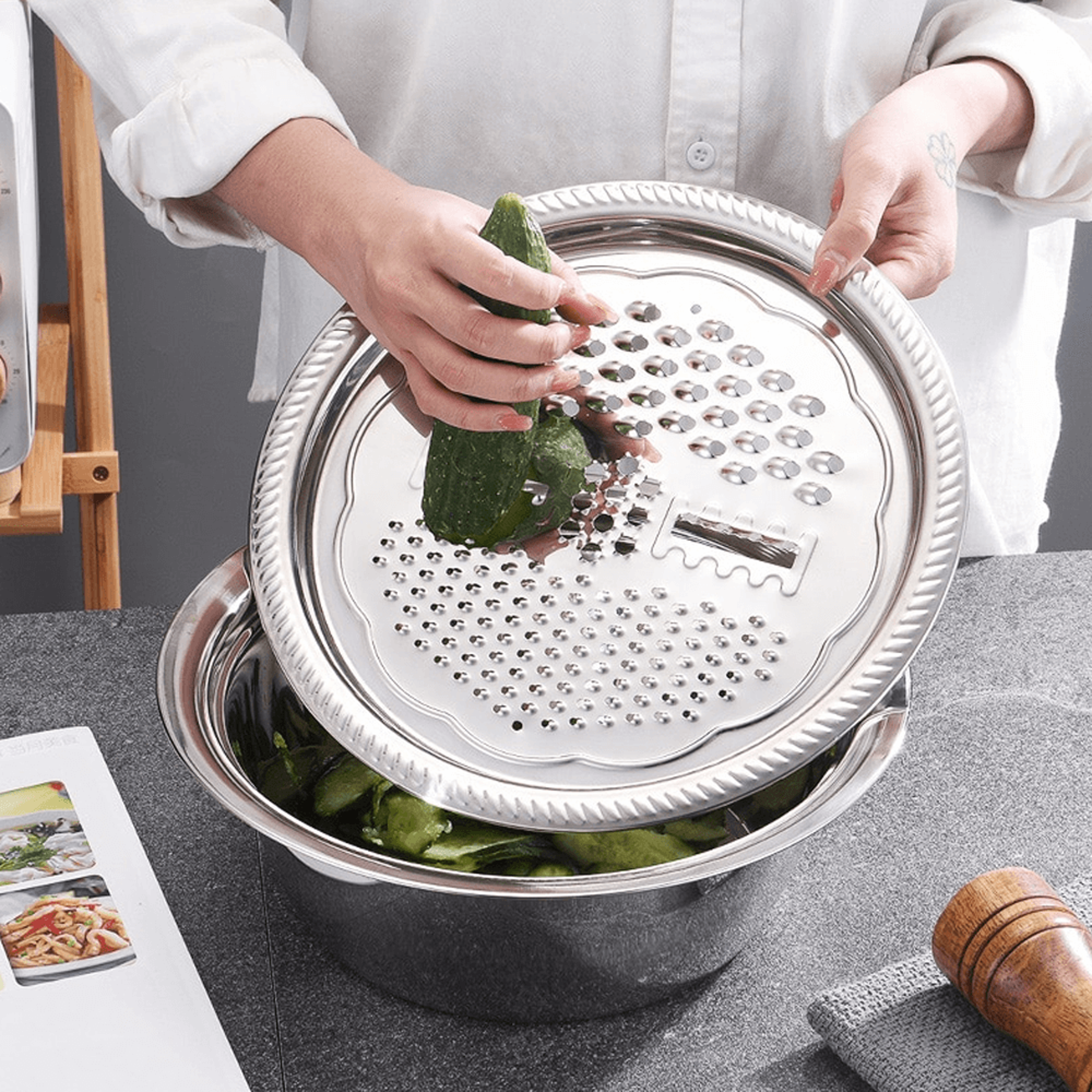 multifunctional stainless steel drain basket grater