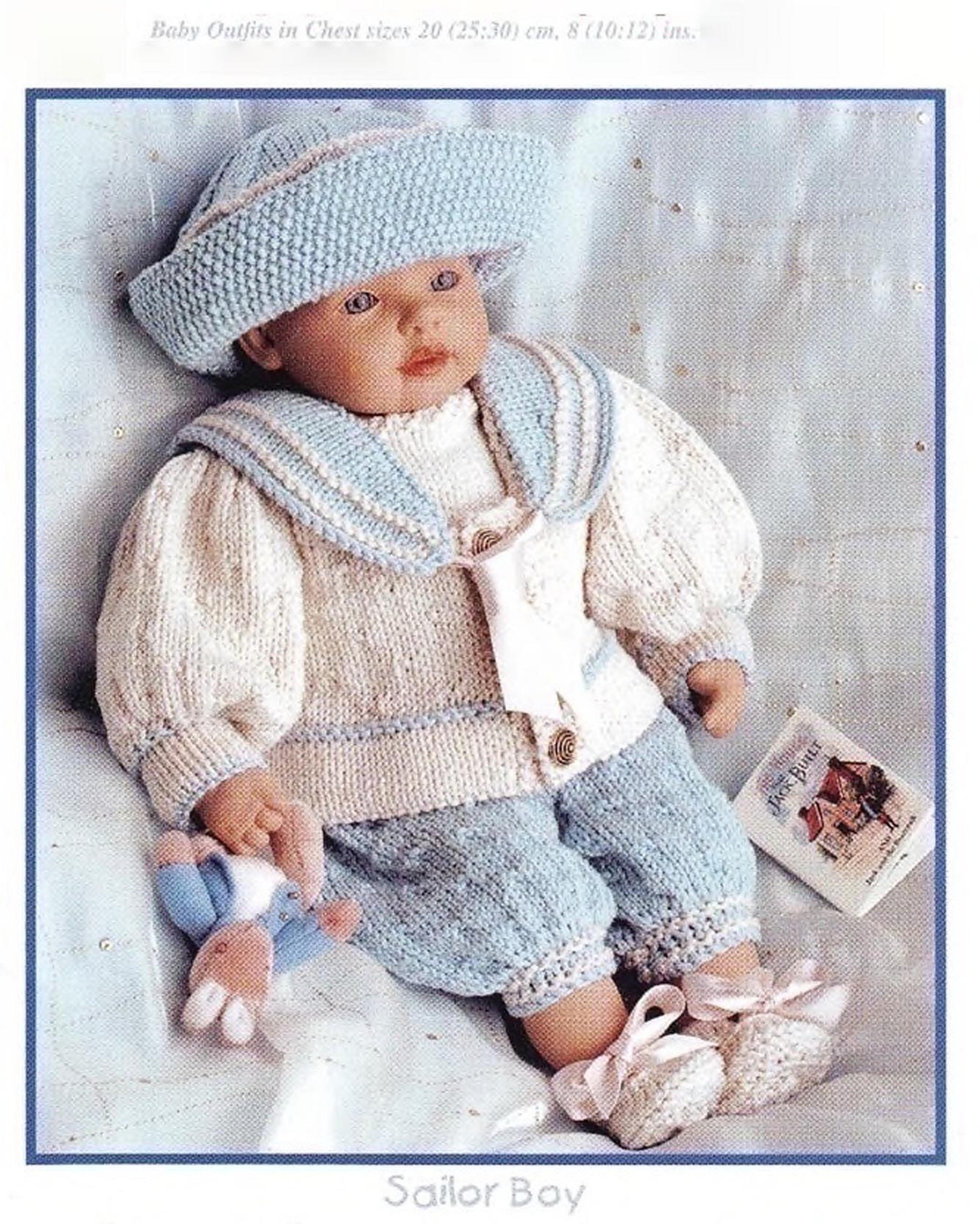 sailor boy outfits knitting pattern - for premature baby, first size baby and doll, vintage patterns digital pdf