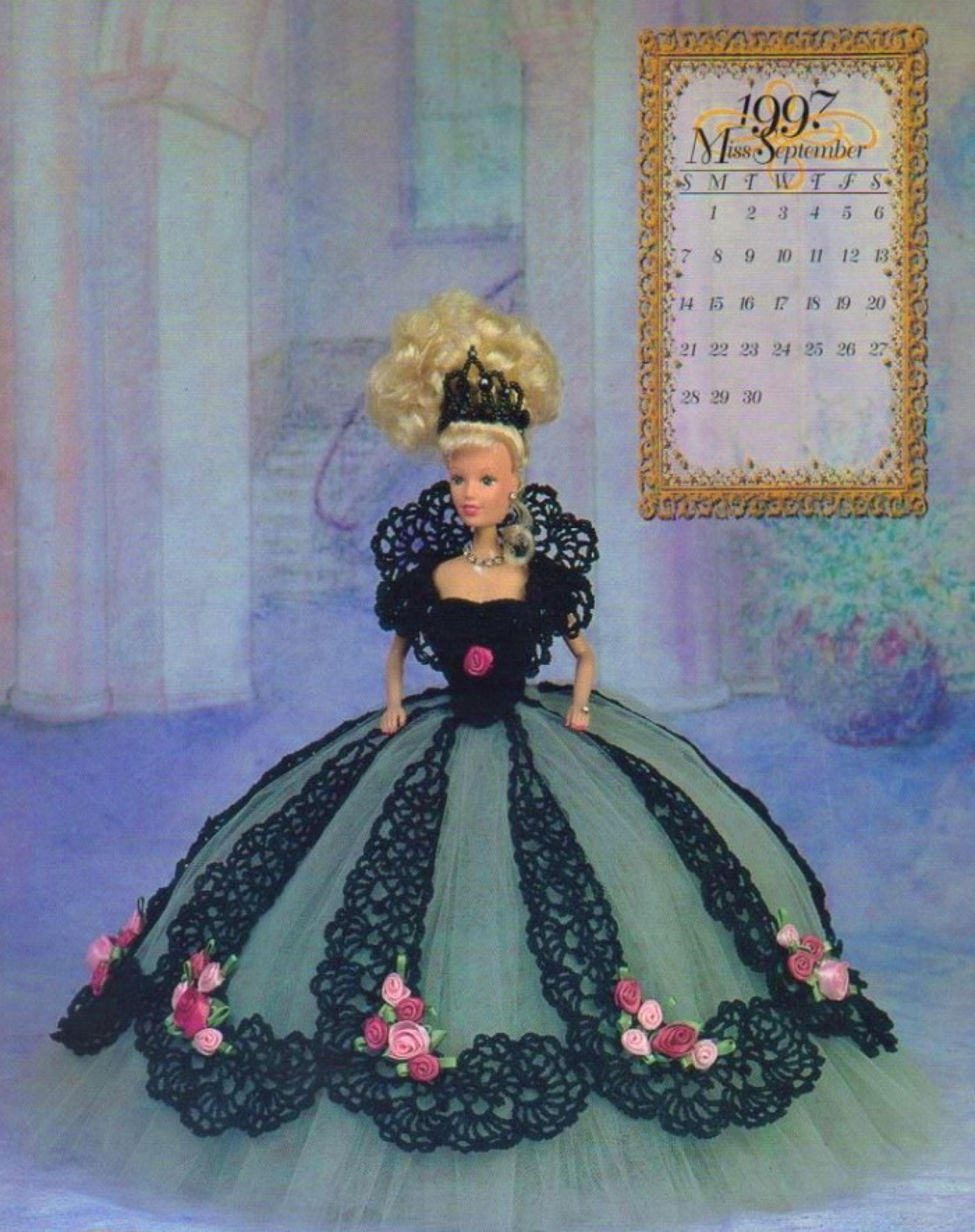 crochet doll gown-barbie dress pattern-royal ball gown miss september-vintage patterns doll clothes digital pdf download