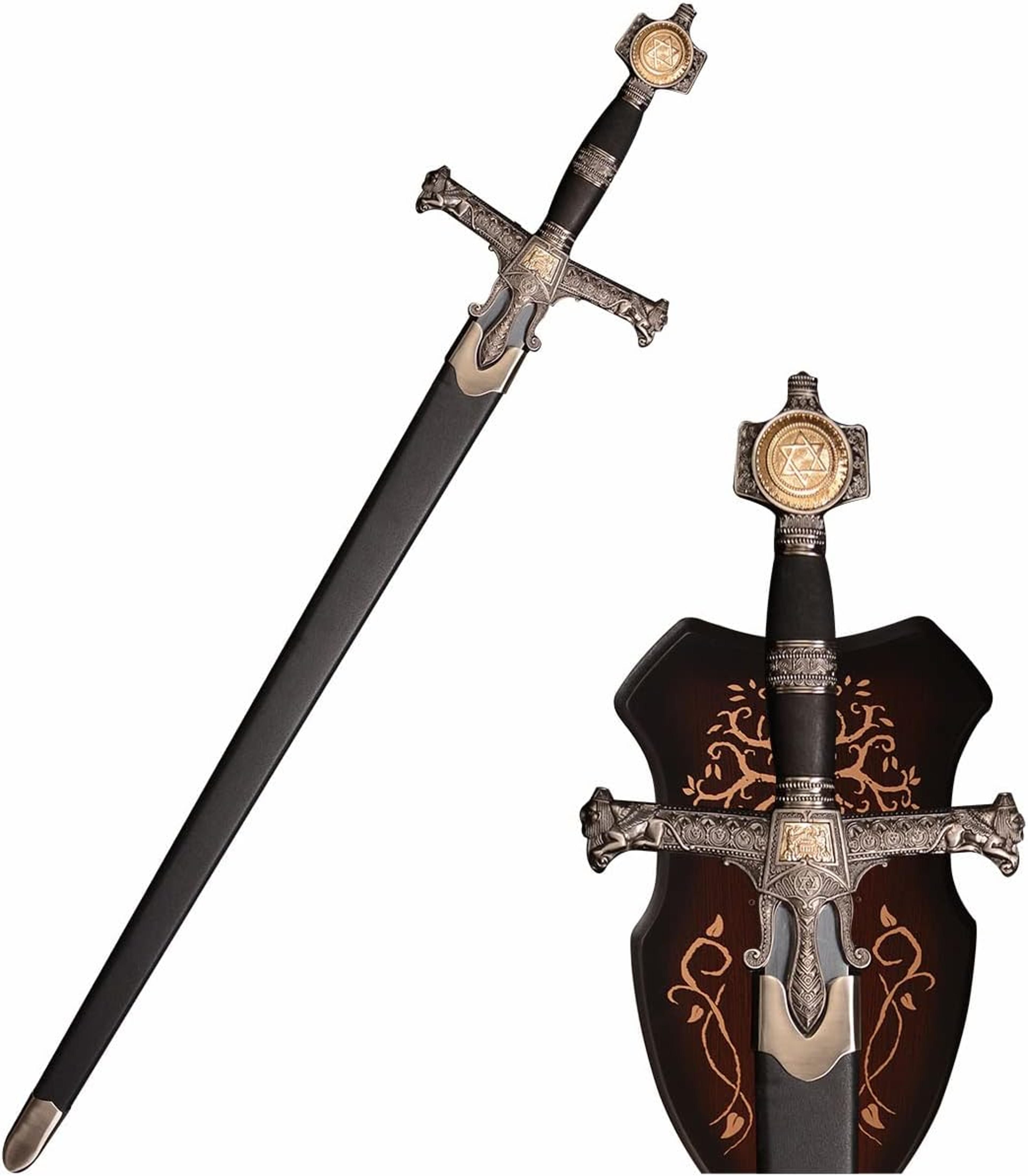 medieval king solomon sword | full metal carbon steel knights sword with black & silver finish, display board