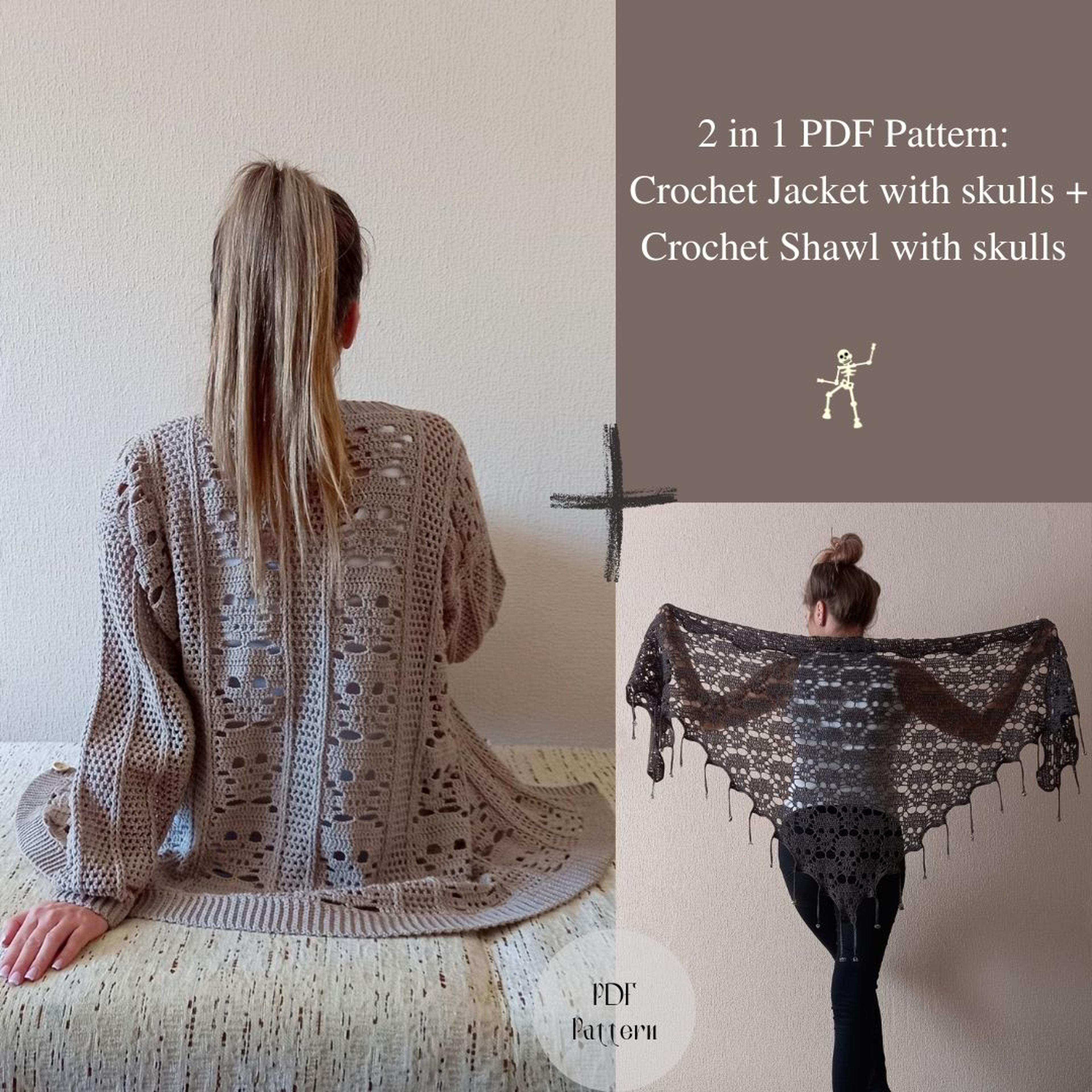 2 in 1 cardigan with skulls plus shawl with skulls. crochet pdf pattern. halloween clothes. 2 patterns.