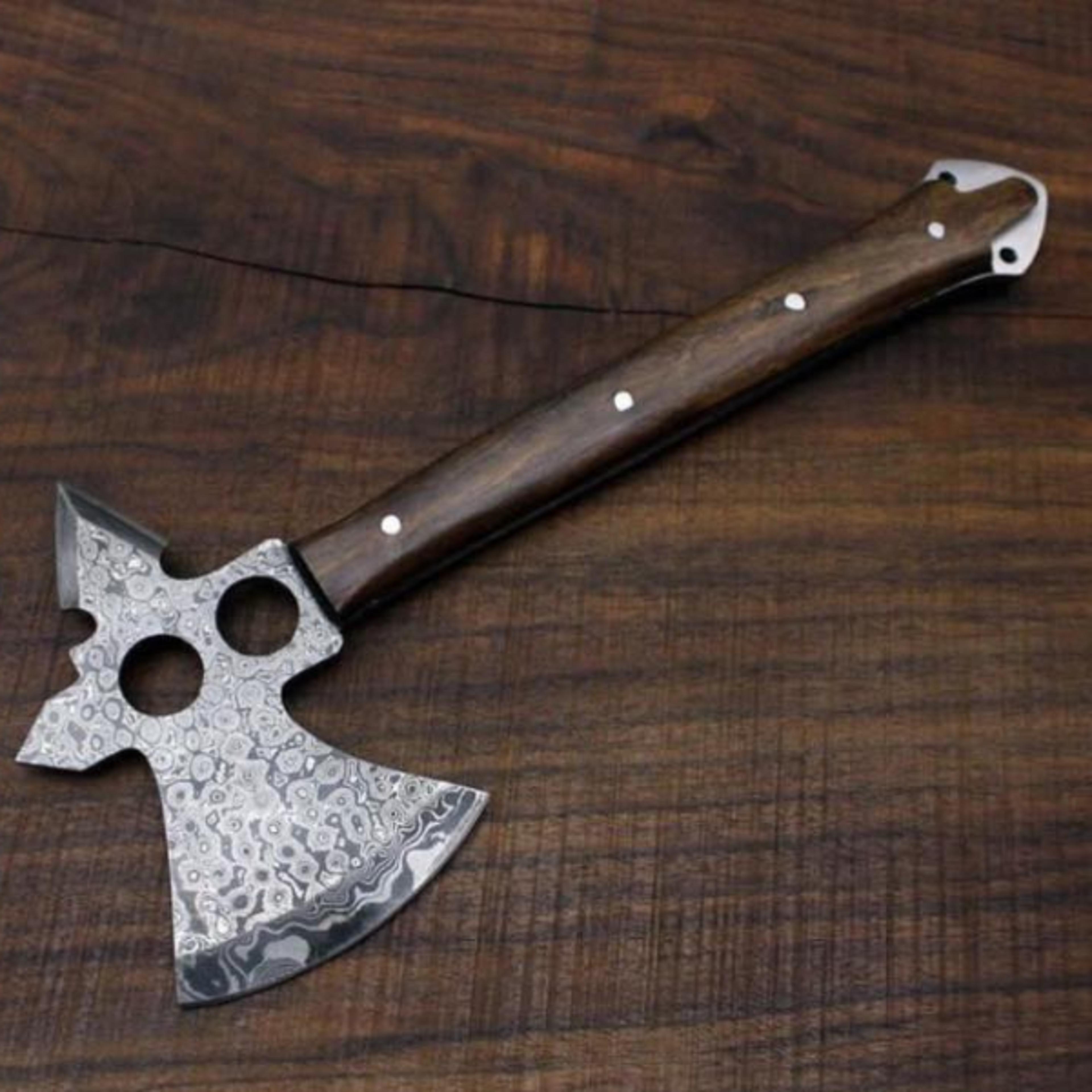 custimizable with name 19 inches damascuse steel axe with leather sheath