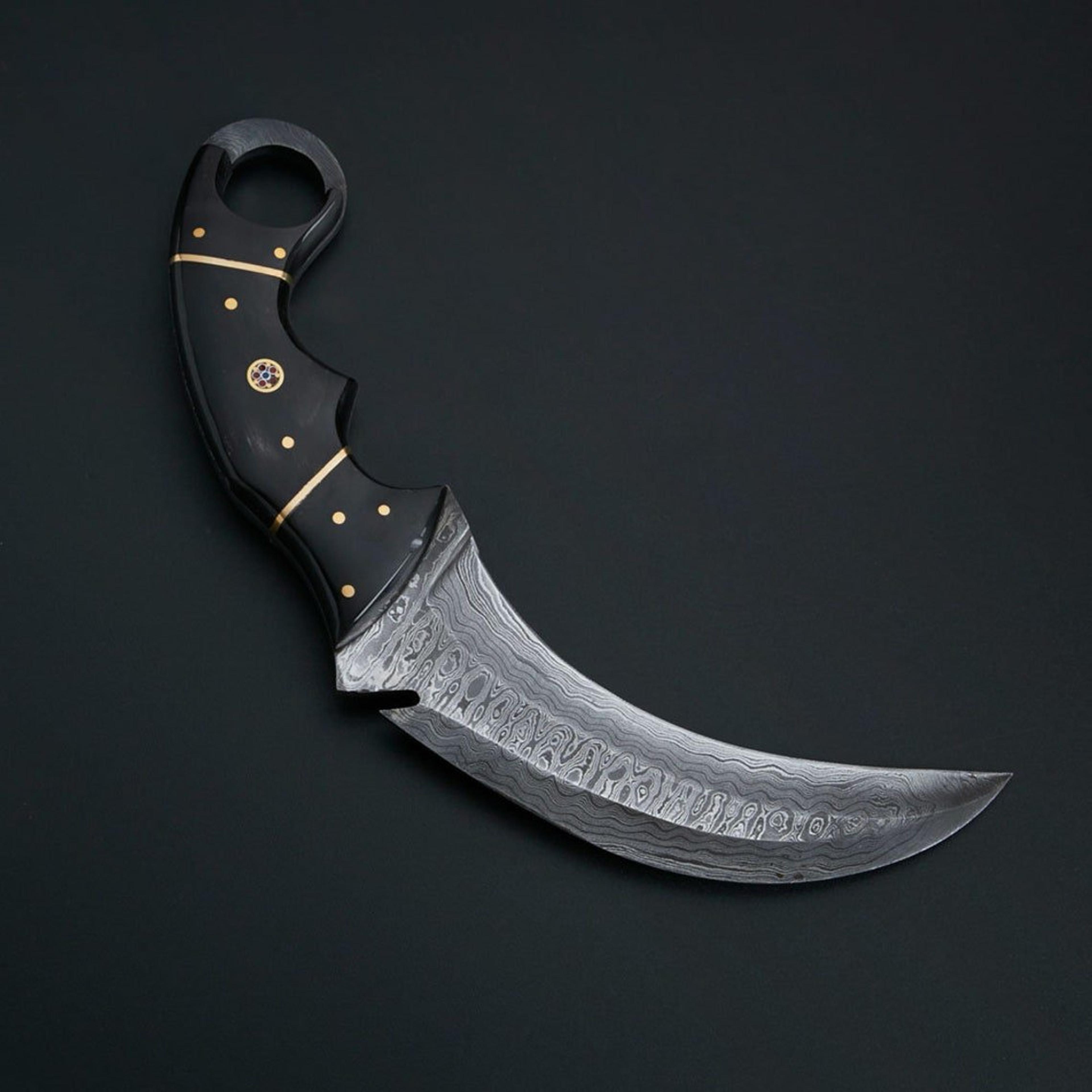 custom handmade 10 inches damascus karambit with brown leather sheath