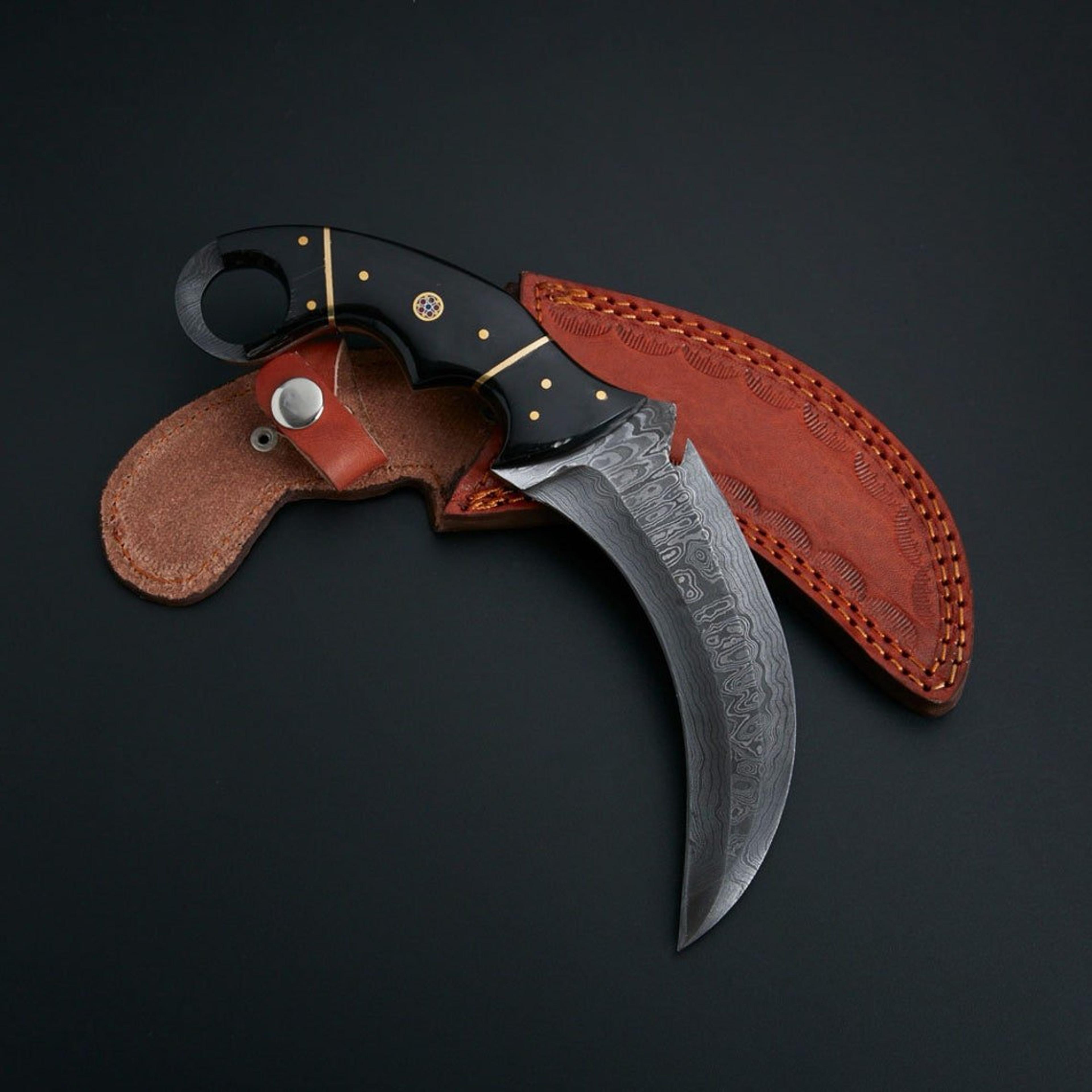 custom handmade 10 inches damascus karambit with brown leather sheath