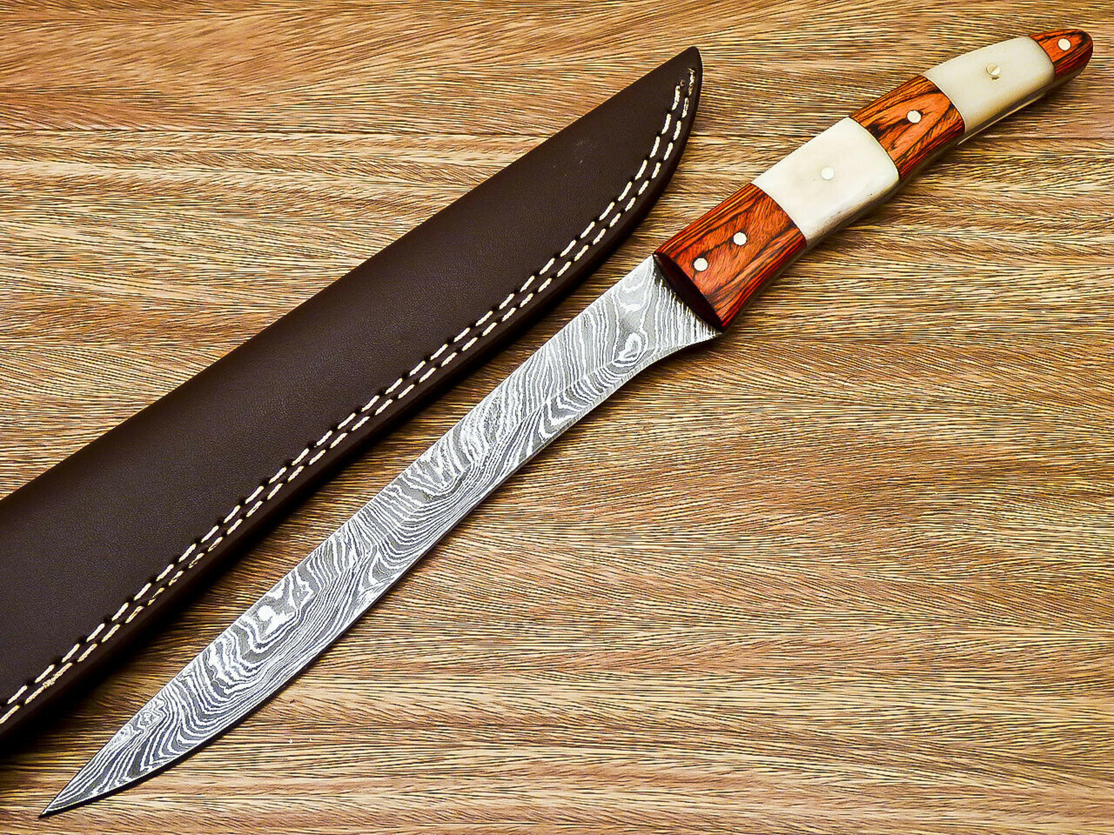 custom handmade damascus steel blade fillet knife camel bone handle,
