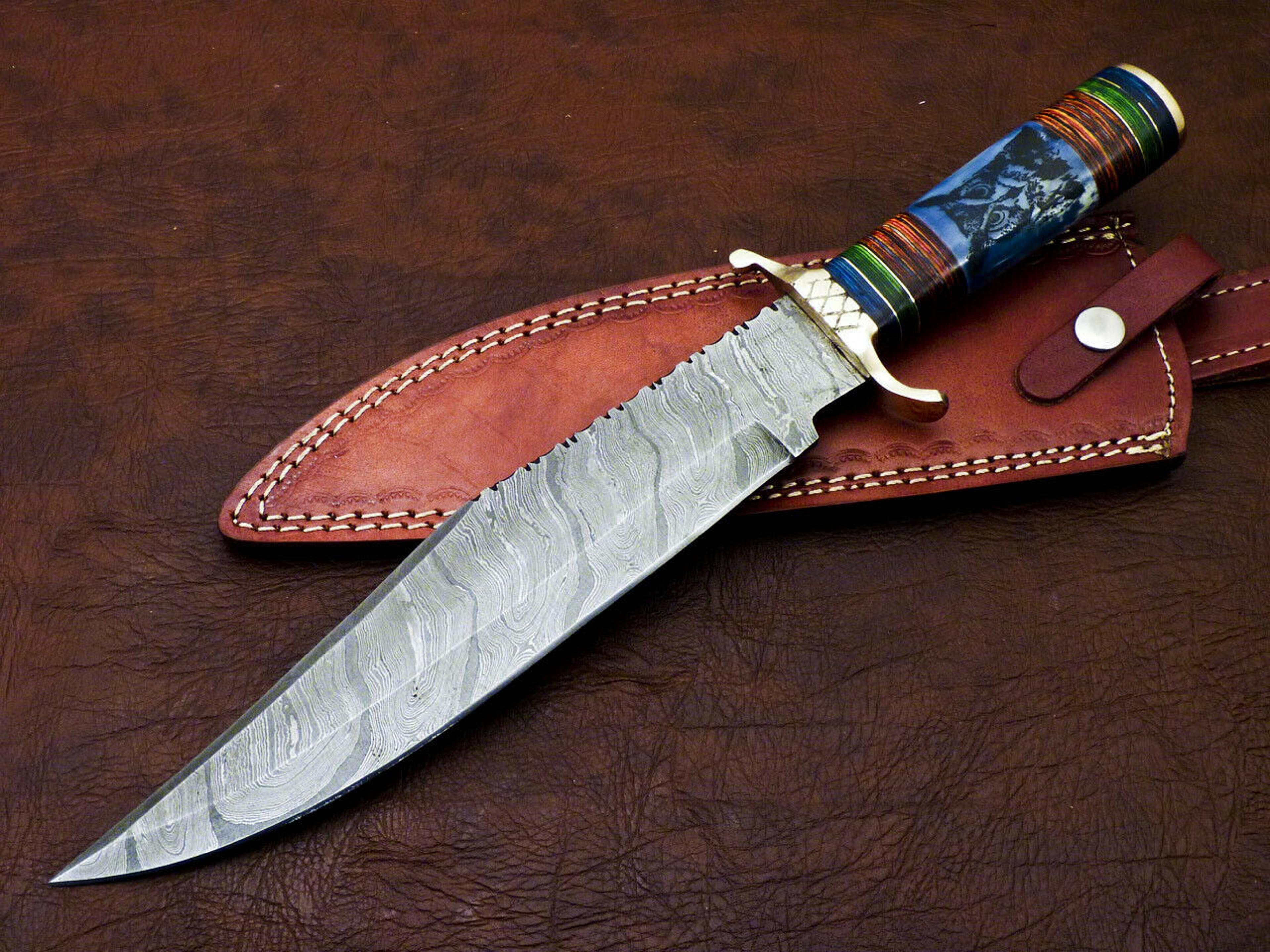 custom handmade damascus bowie knife fixed blade knife, scrimshaw bone handle,