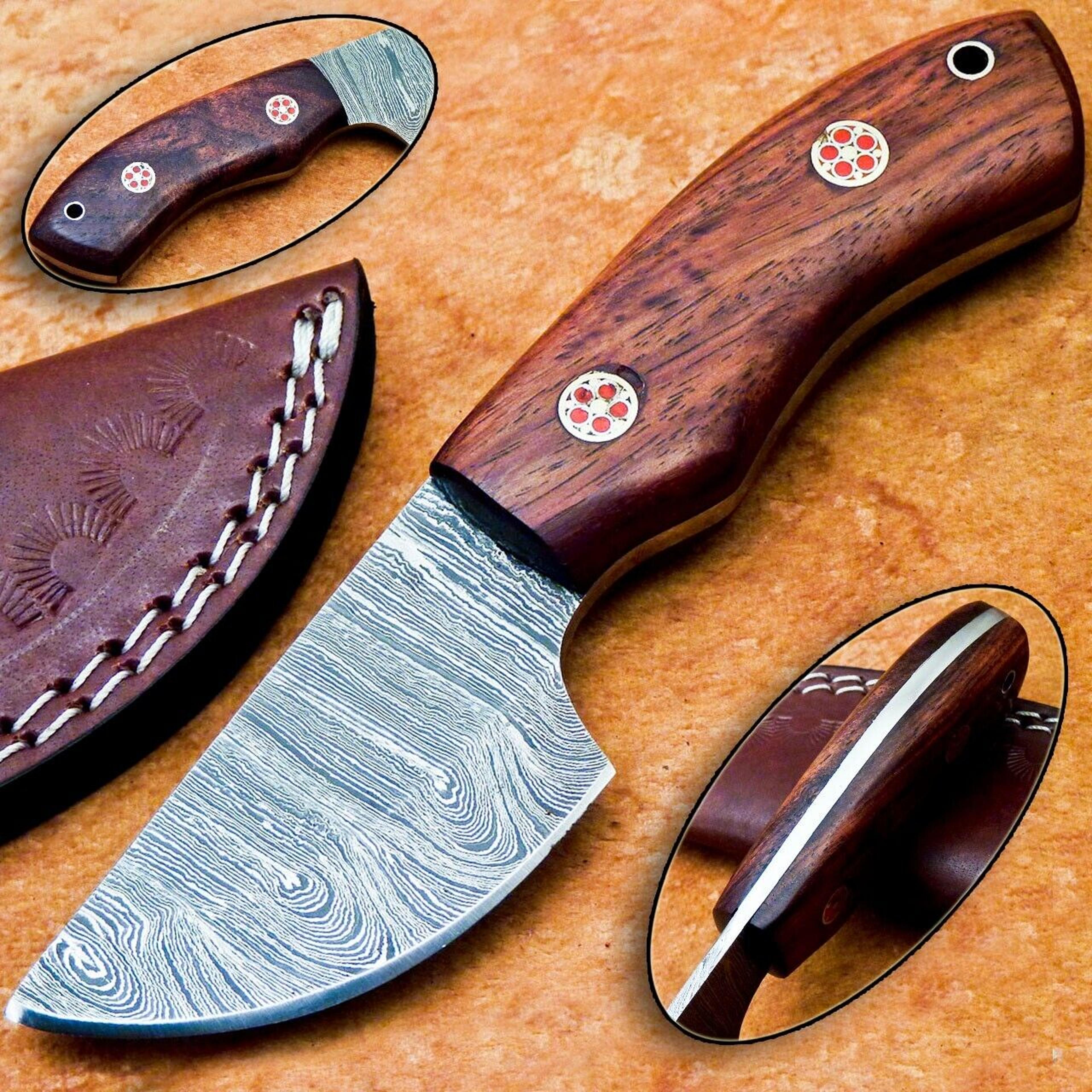 hand forged damascus steel blade, camping hunting knife, skinning knife with sheath