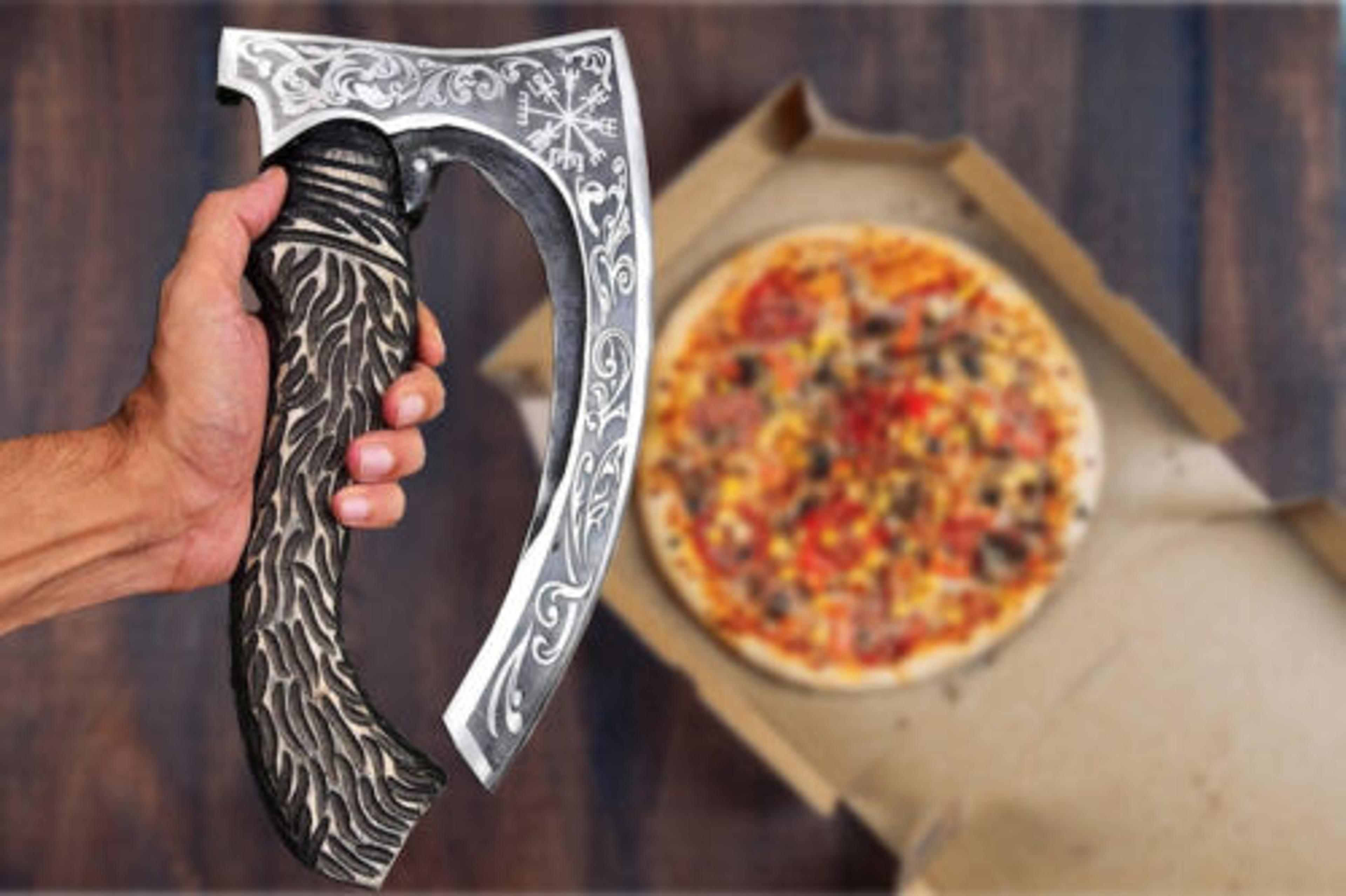 handmade pizza axe, pizza slicer hand forged viking pizza cutter, viking bearded with sheath