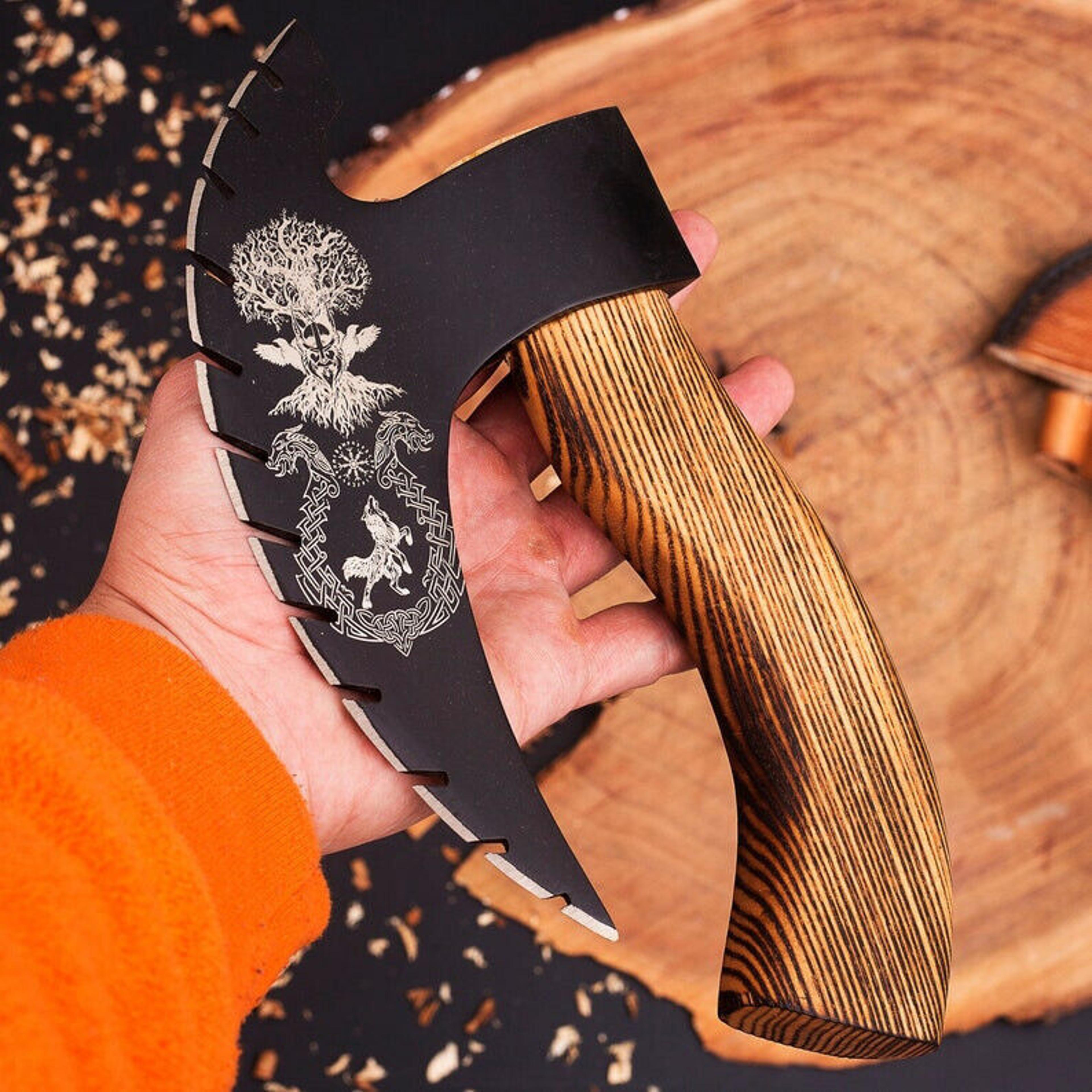 handmade pizza axe, pizza slicer hand forged viking pizza cutter, viking bearded with sheath