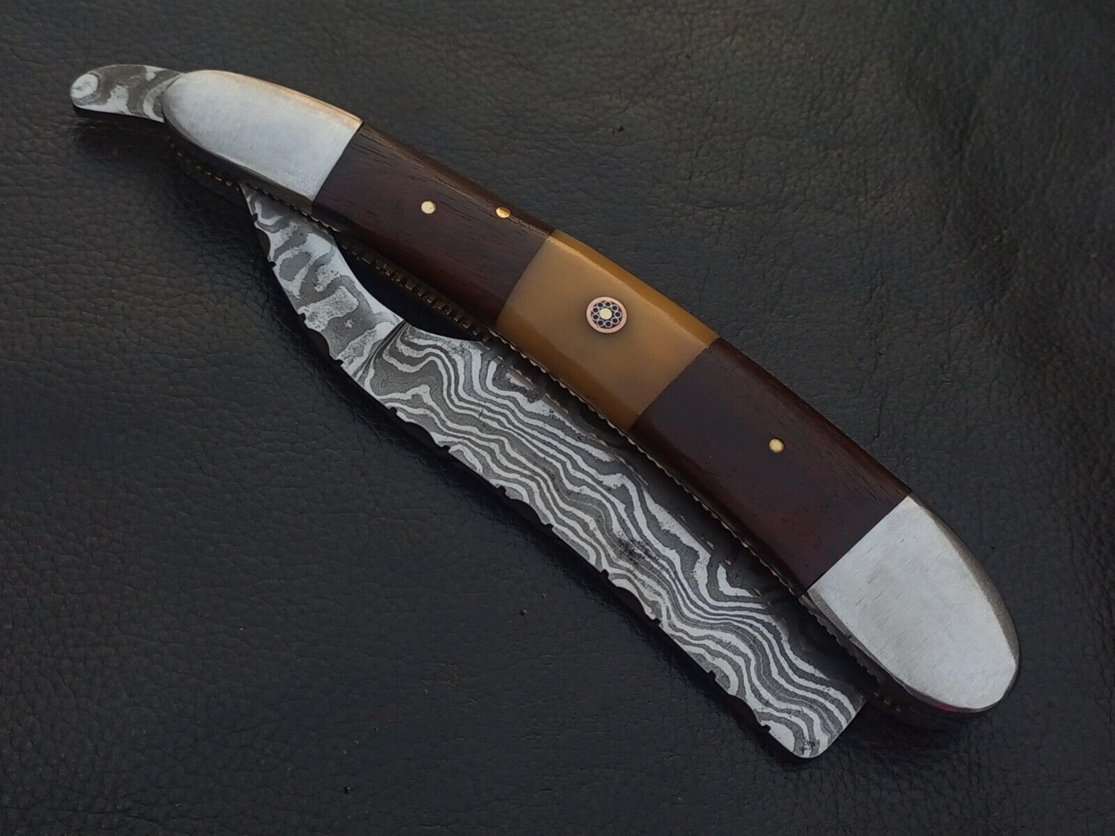 damascus steel custom made razor knife wood handle w/sheath