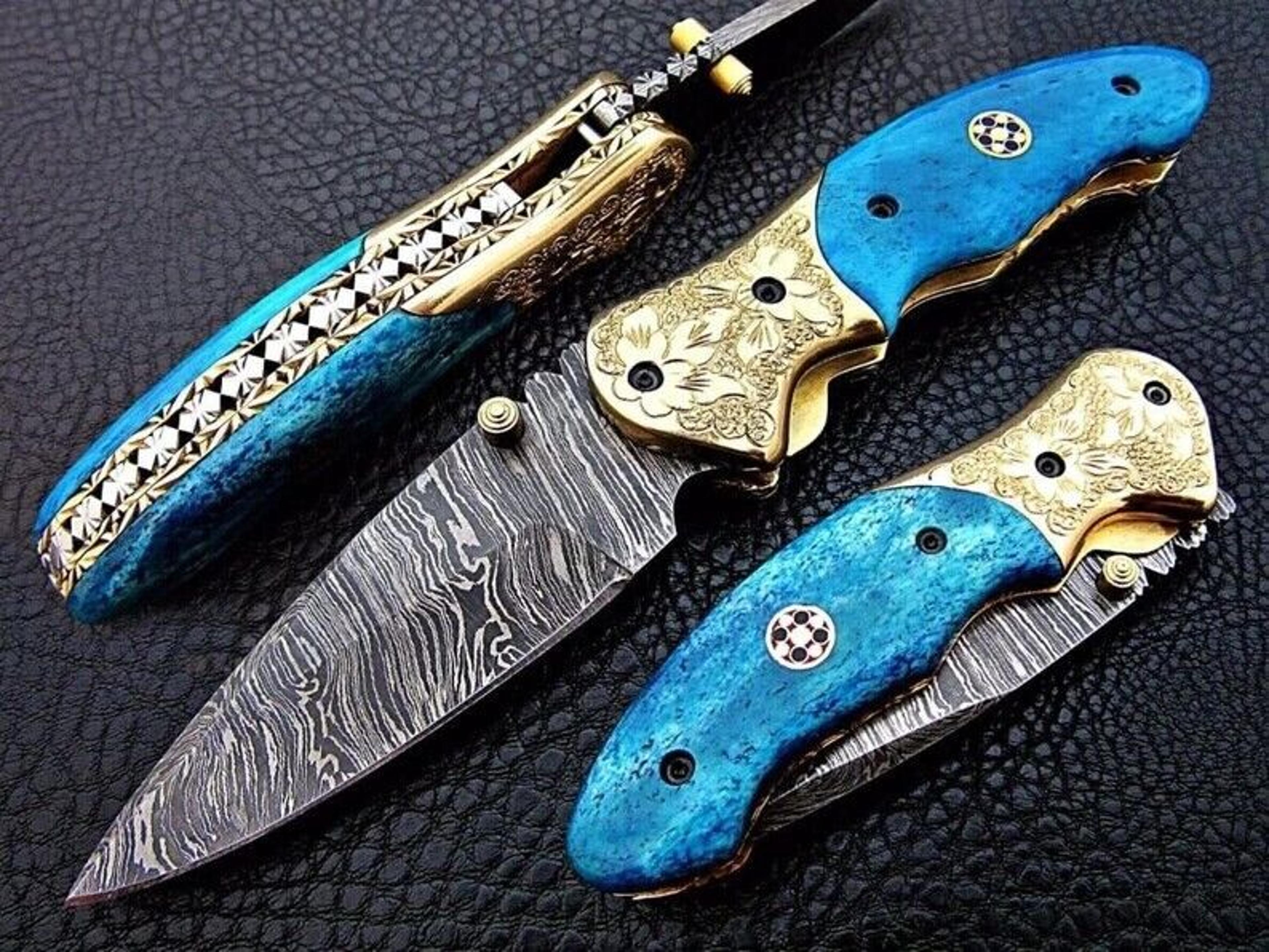 8" custom handmade damascus steel pocket folding knife hunting camping knife