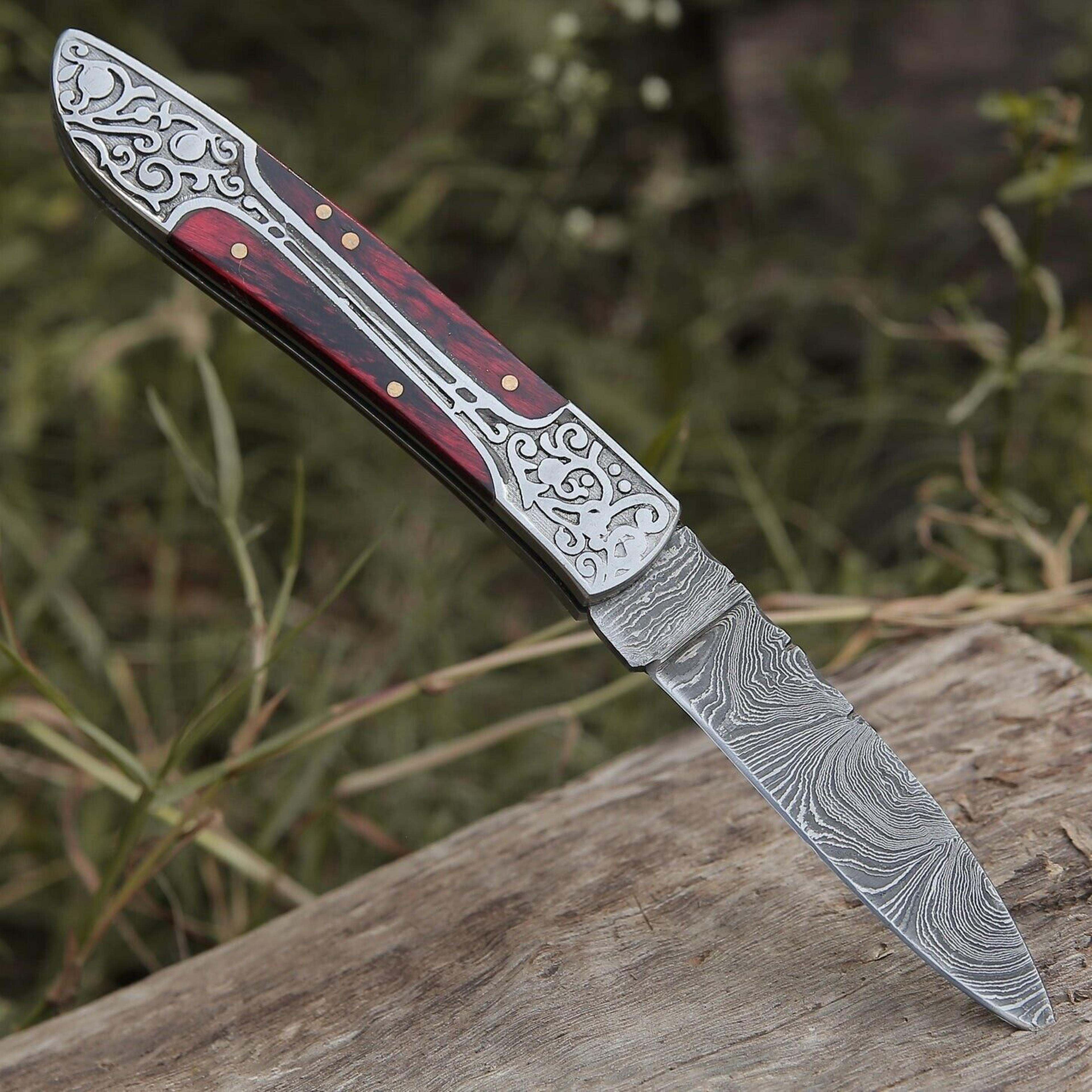 handmade damascus hunting folding knife hand engraved pocket knife with sheath