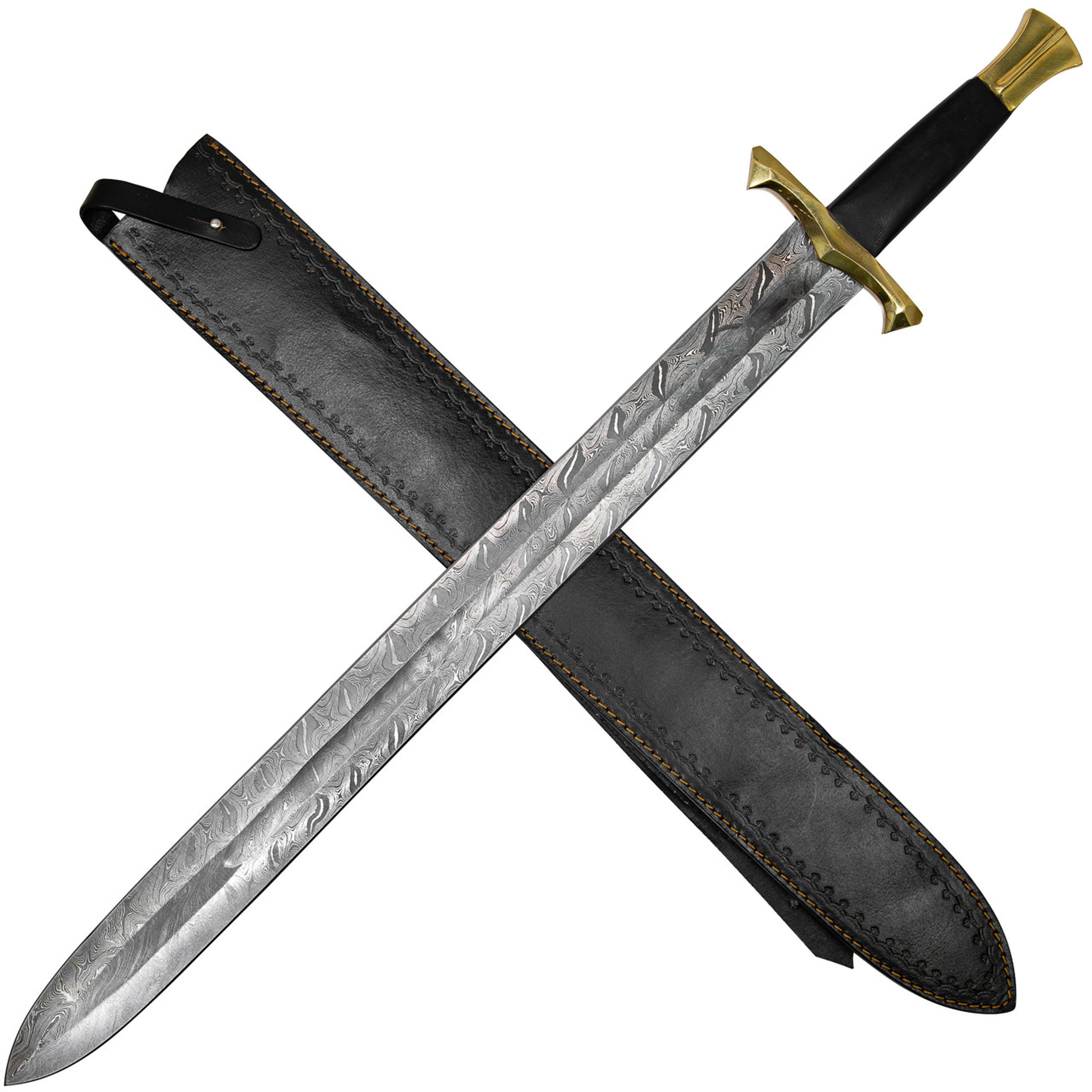 pursuit of honor medieval damascus steel sword w/ brass hilt & leather wrapped handle
