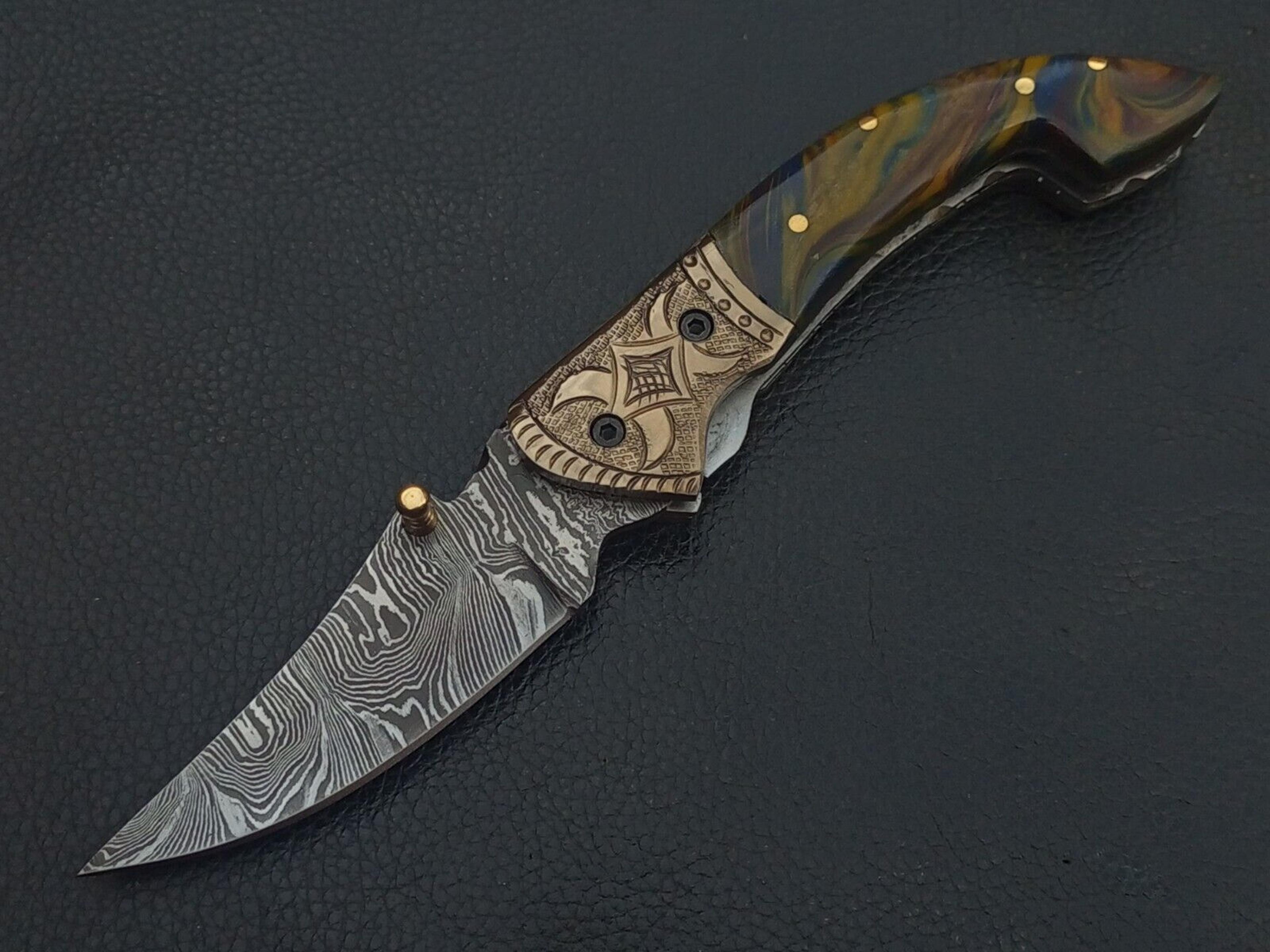 damascus steel custom made pocket folding knife resin handle w/sheath
